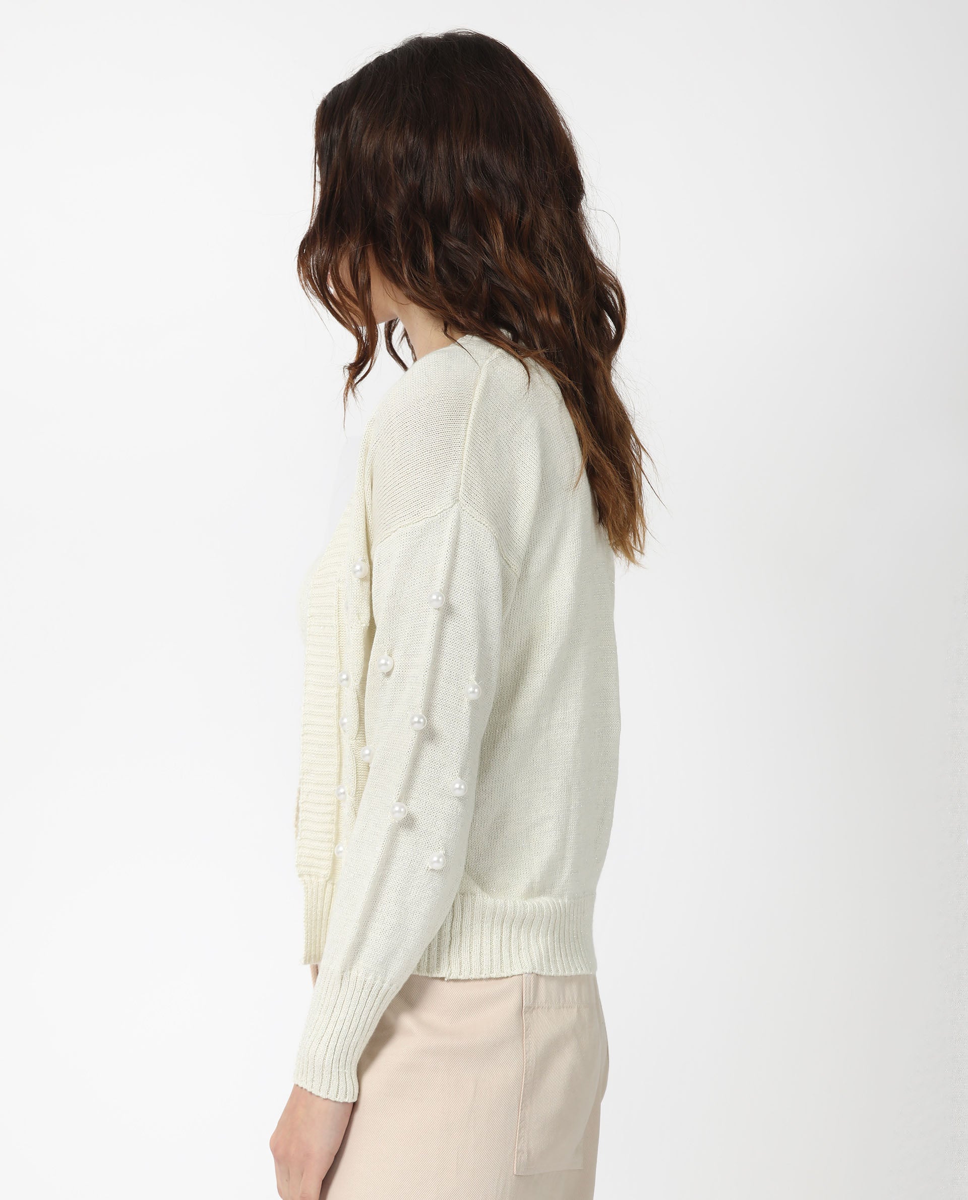 Rareism Women Tunnel 1 Off White Viscose Fabric Full Sleeves Regular Fit Solid Collarless Sweater