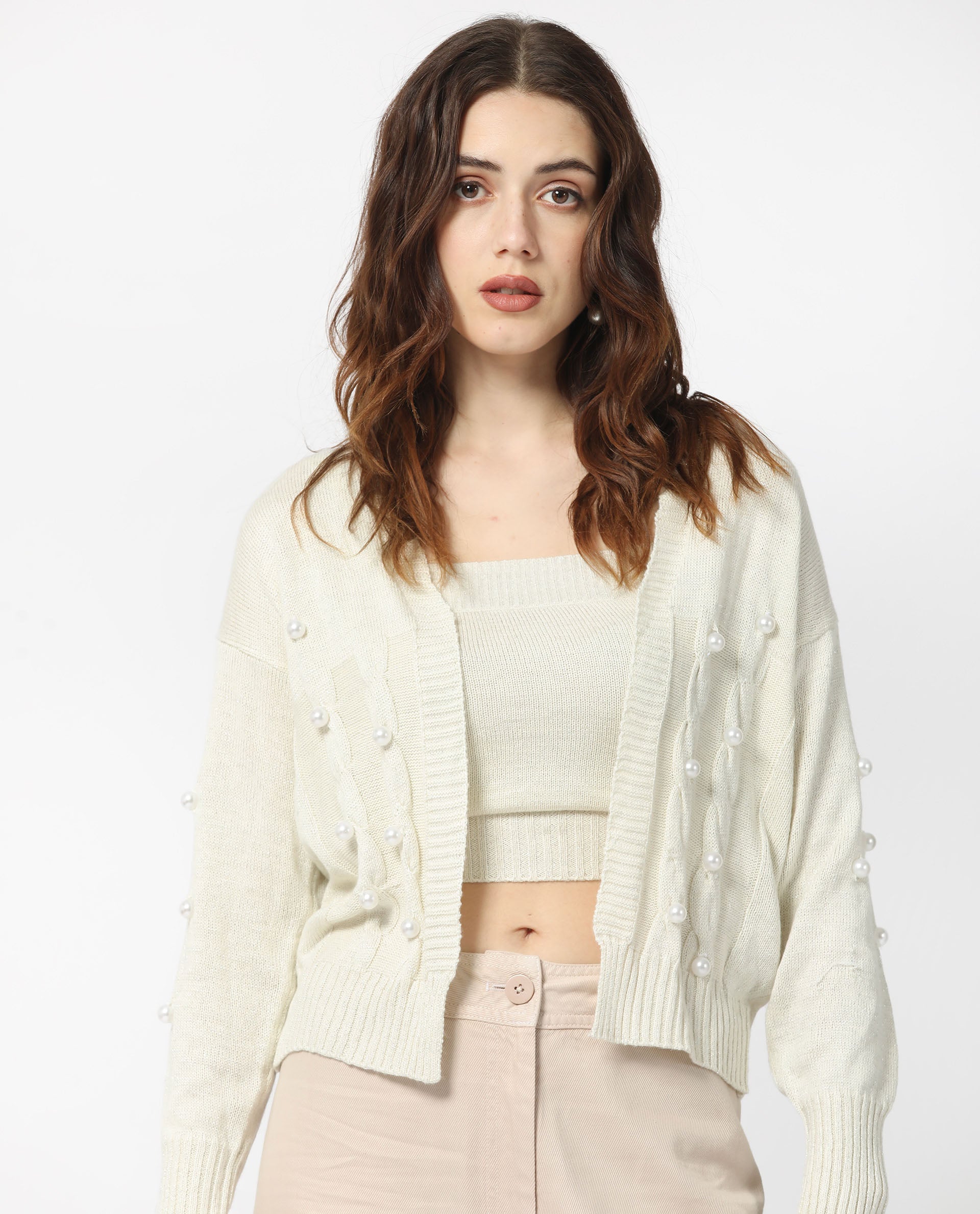 Rareism Women Tunnel 1 Off White Viscose Fabric Full Sleeves Regular Fit Solid Collarless Sweater