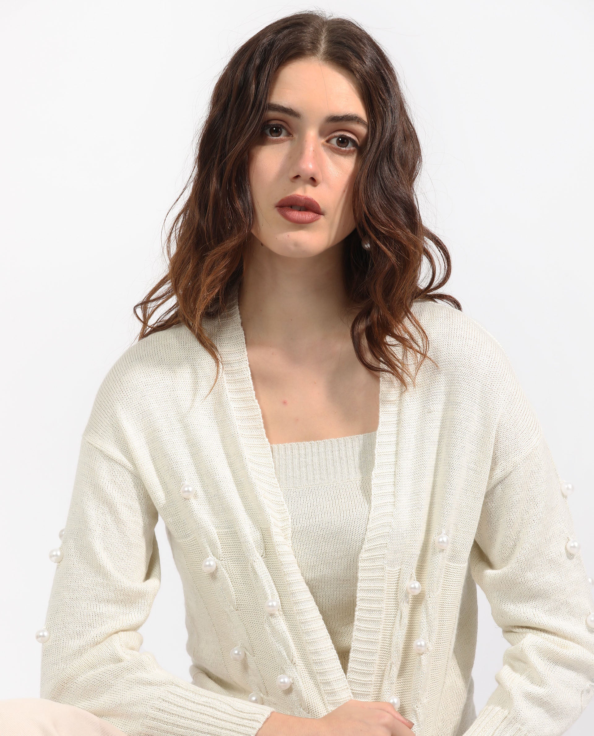 Rareism Women Tunnel 1 Off White Viscose Fabric Full Sleeves Regular Fit Solid Collarless Sweater