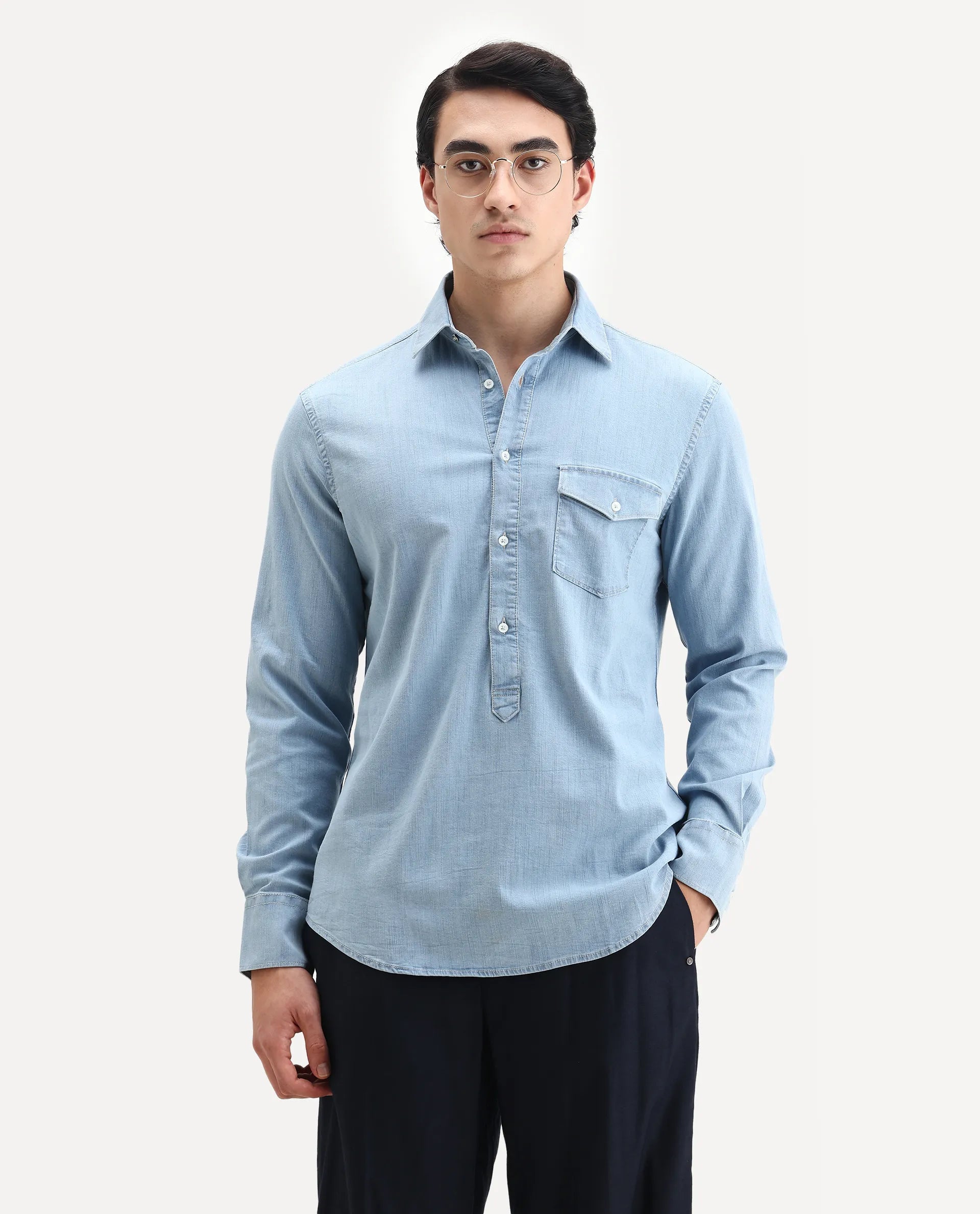 Rare Rabbit Men's Tunor Light Blue Cotton Plain Regular Fit Full Sleeve Collared Shirt