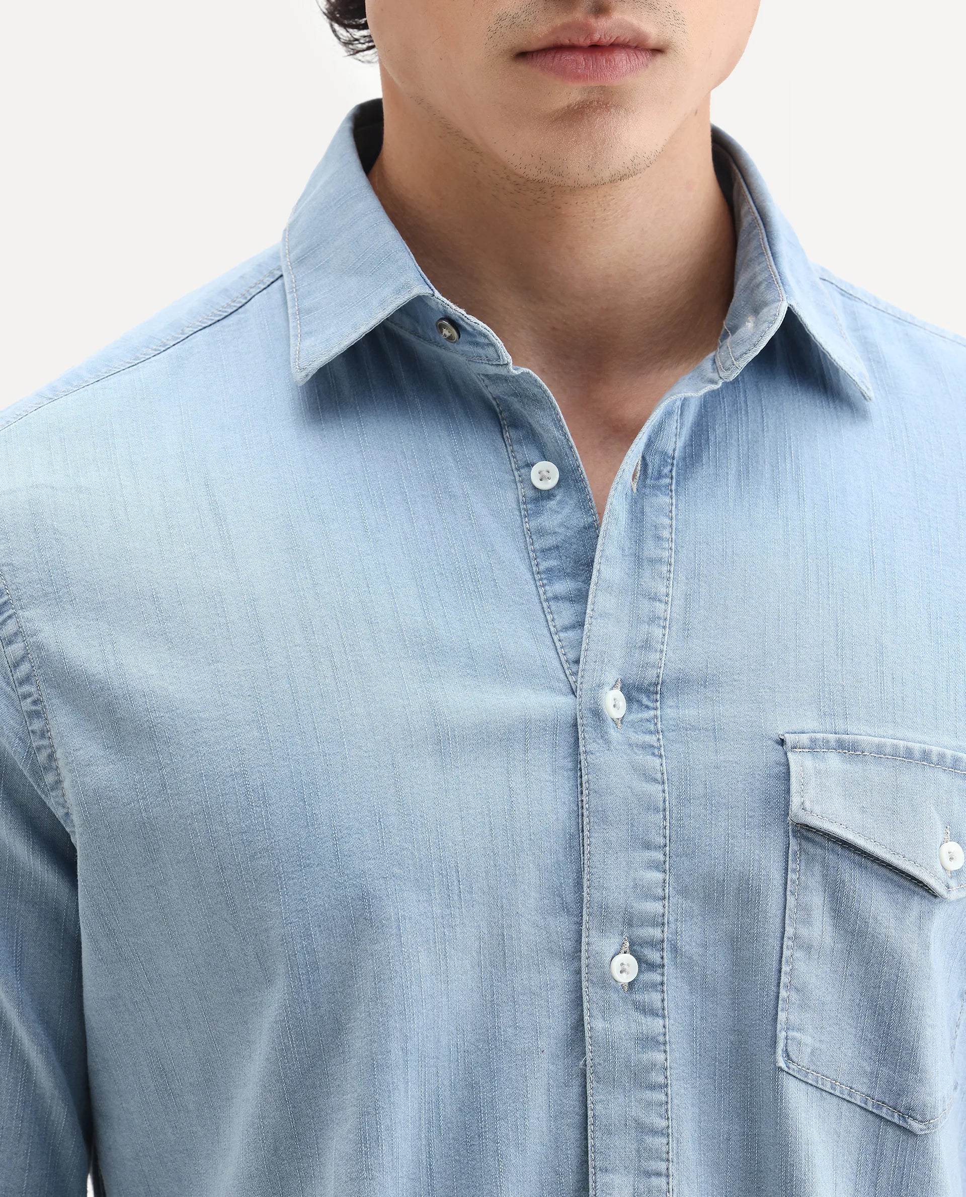 Rare Rabbit Men's Tunor Light Blue Cotton Plain Regular Fit Full Sleeve Collared Shirt