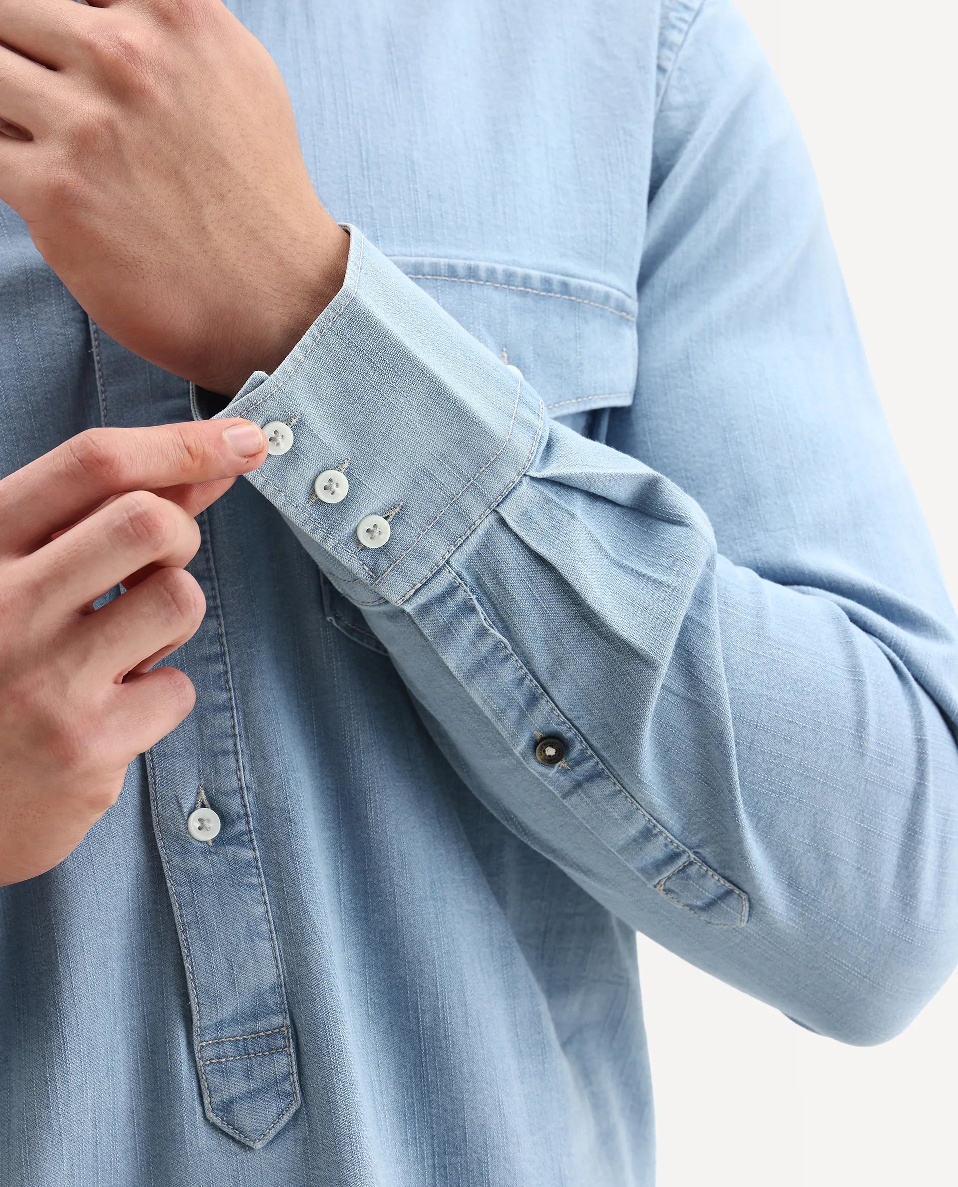 Rare Rabbit Men's Tunor Light Blue Cotton Plain Regular Fit Full Sleeve Collared Shirt