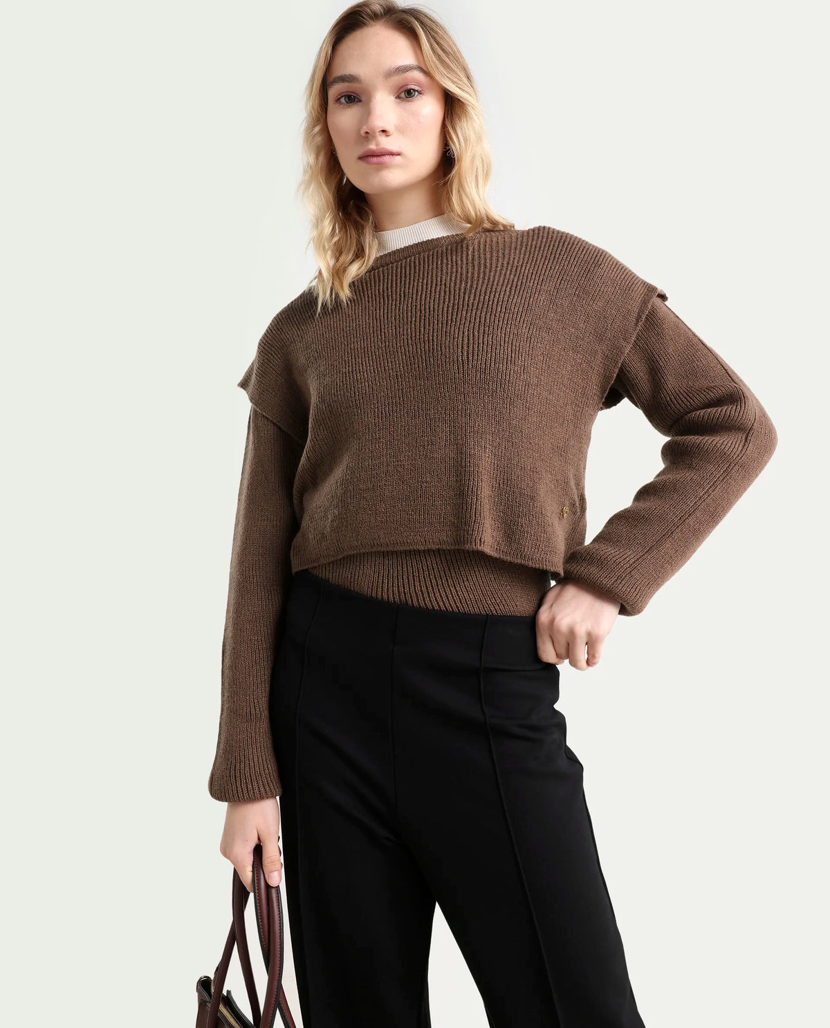 Rareism Women's Tupfel Brown Acrylic Crew Neck Plain Regular Fit Sweater