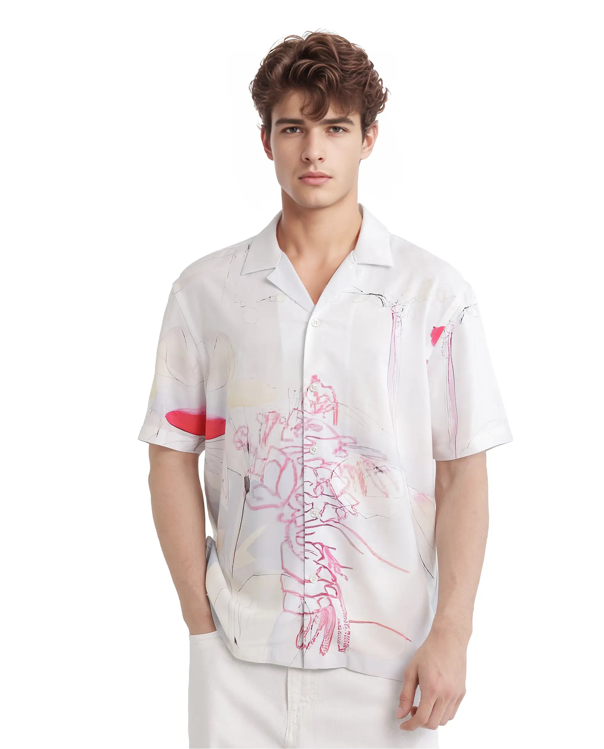 Rare Rabbit Men Tura Off White Viscose Fabric Short Sleeve Cuban Collar Button Closure Boxy Fit Abstract Print Shirt