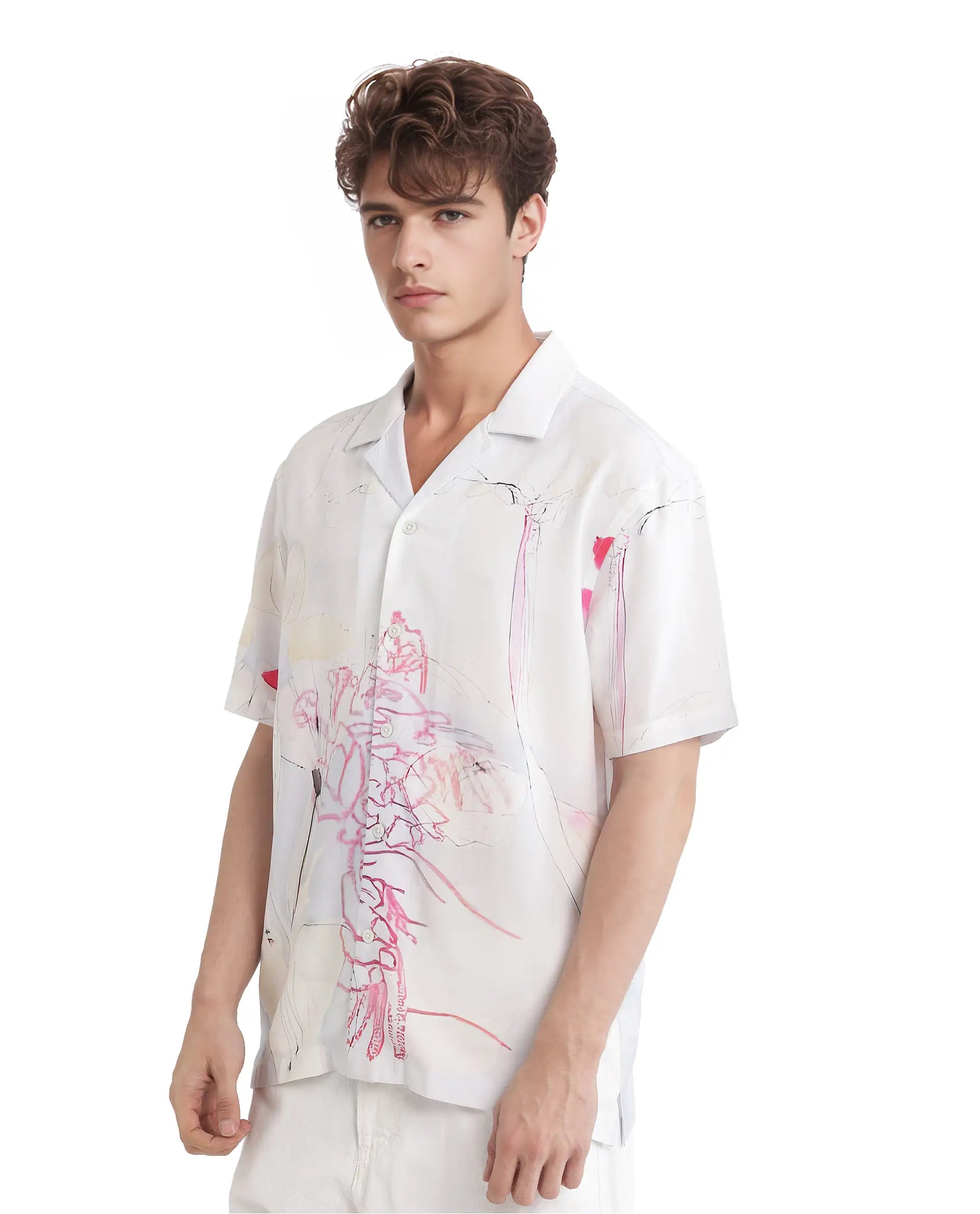 Rare Rabbit Men Tura Off White Viscose Fabric Short Sleeve Cuban Collar Button Closure Boxy Fit Abstract Print Shirt