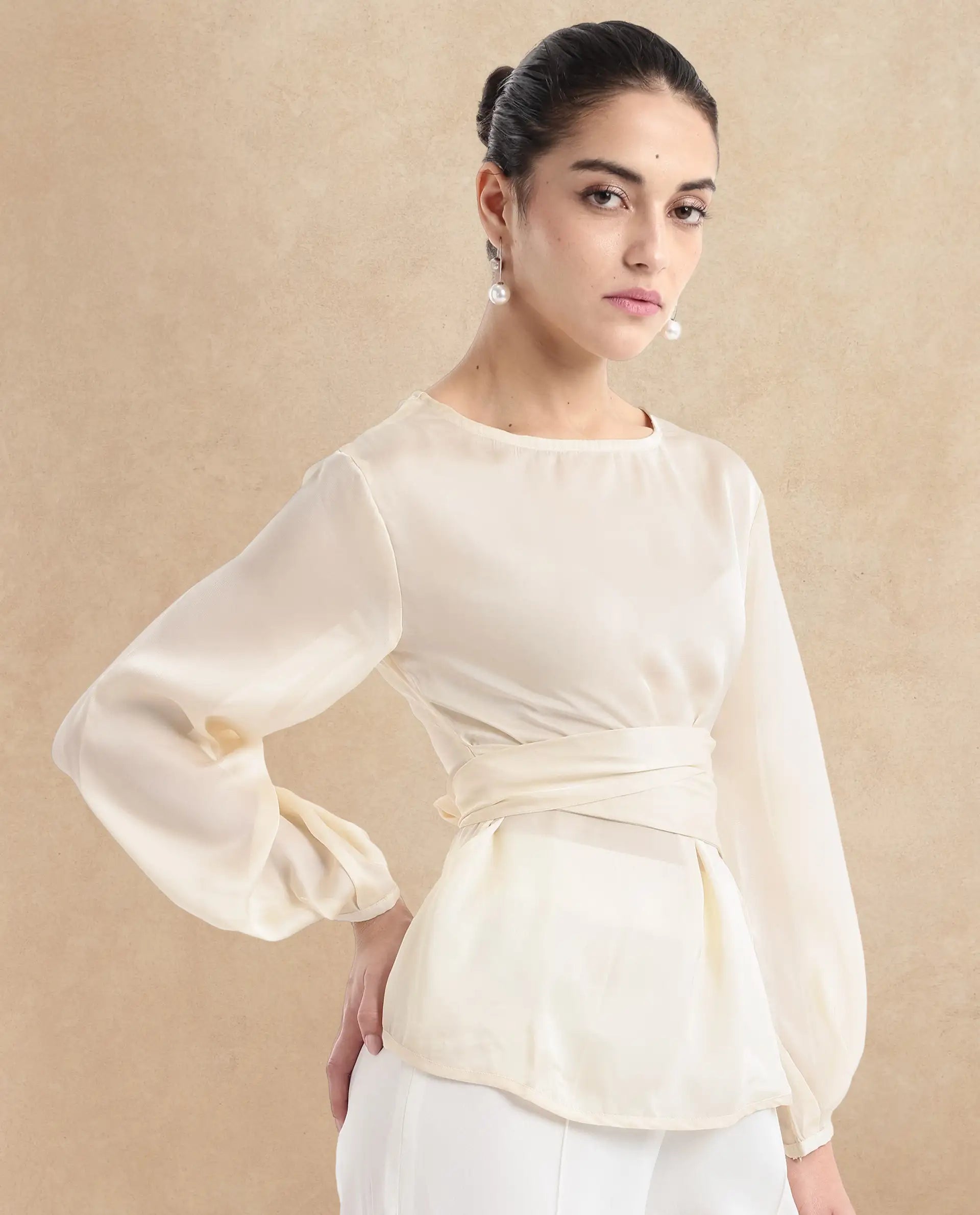 Rareism Women Turin Beige Mandarin Collar Button Closure Plain Top