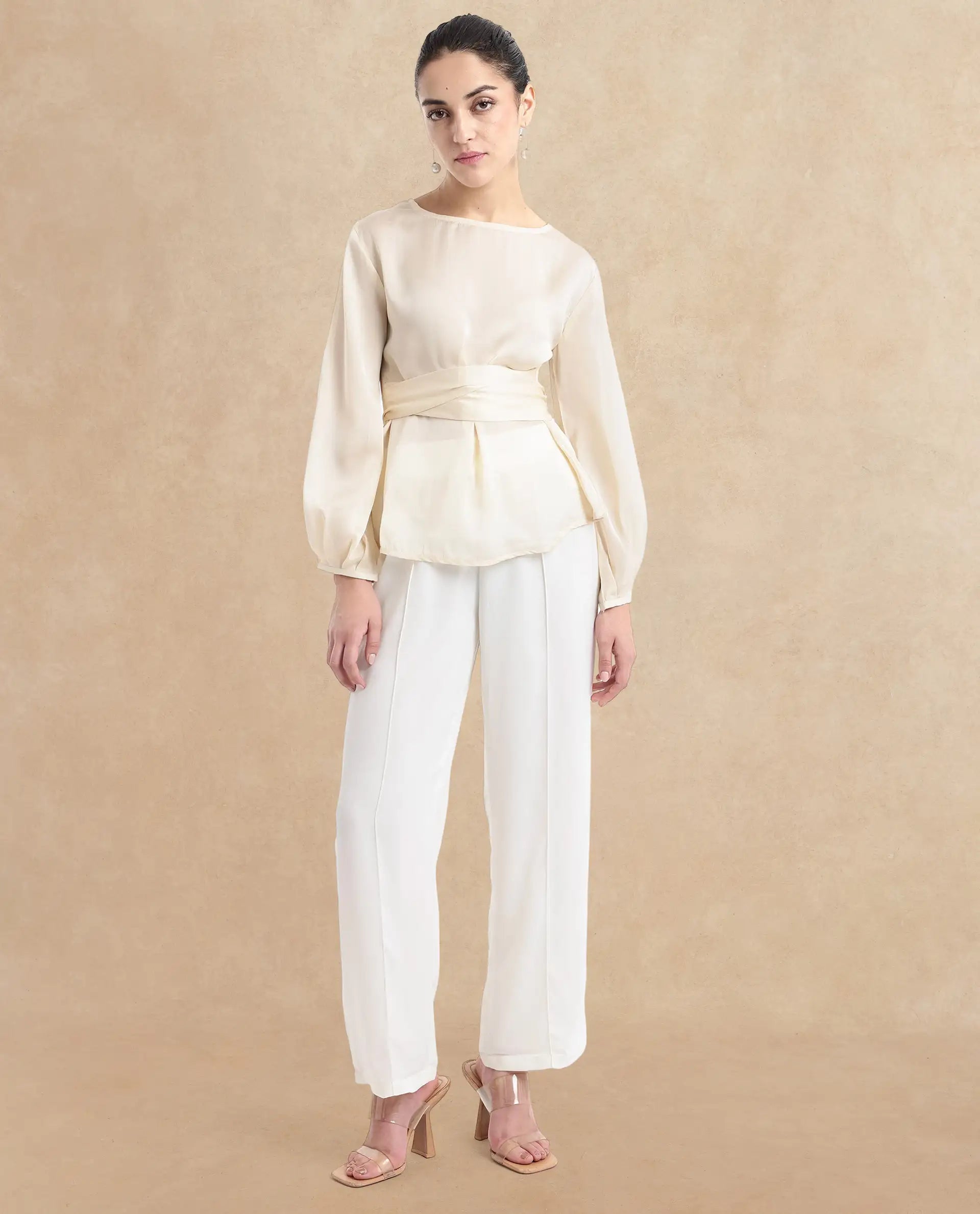 Rareism Women Turin Beige Mandarin Collar Button Closure Plain Top