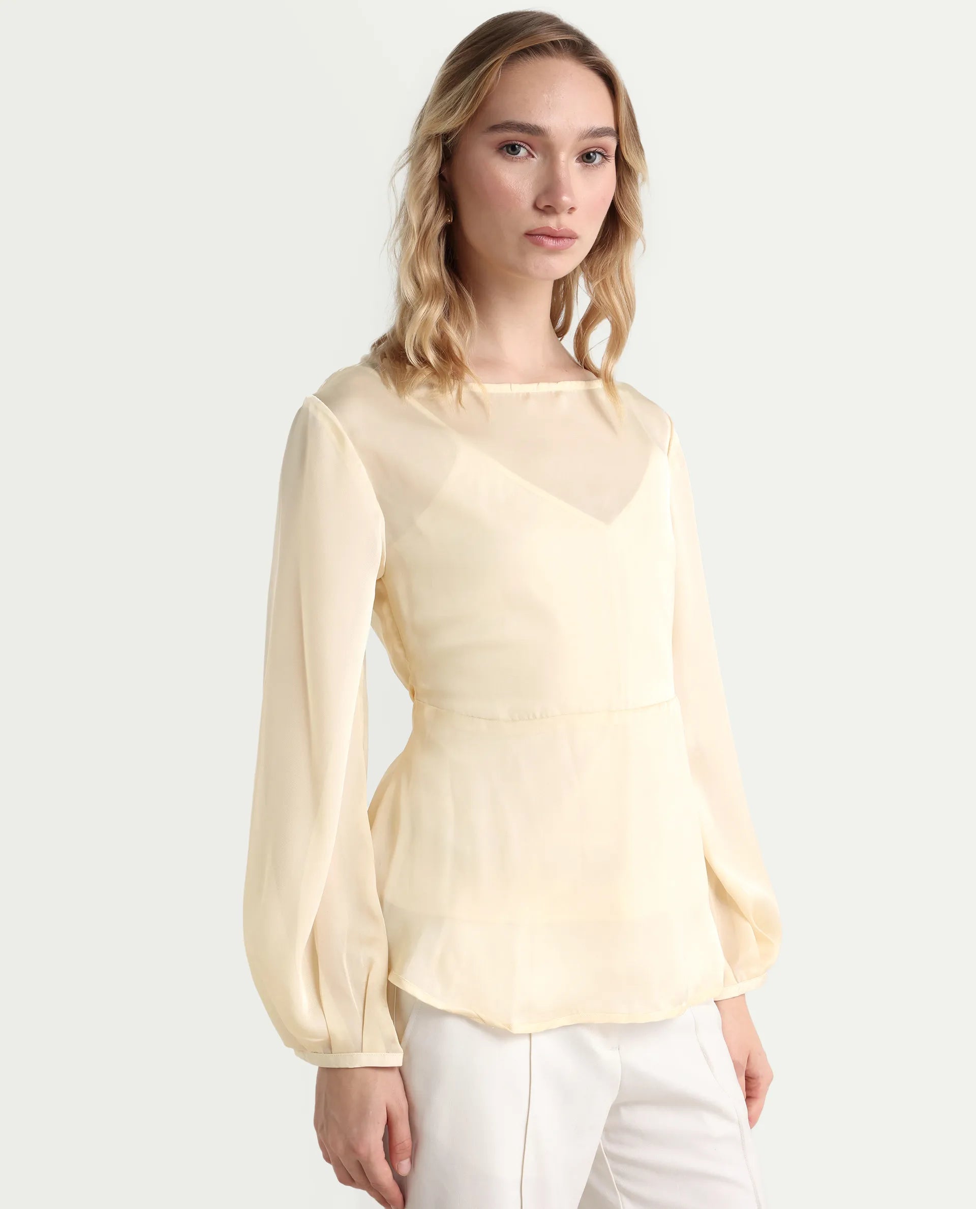 Rareism Women's Turin Beige Polyester Mandarin Collar Plain Balloon Sleeve Regular Fit Top