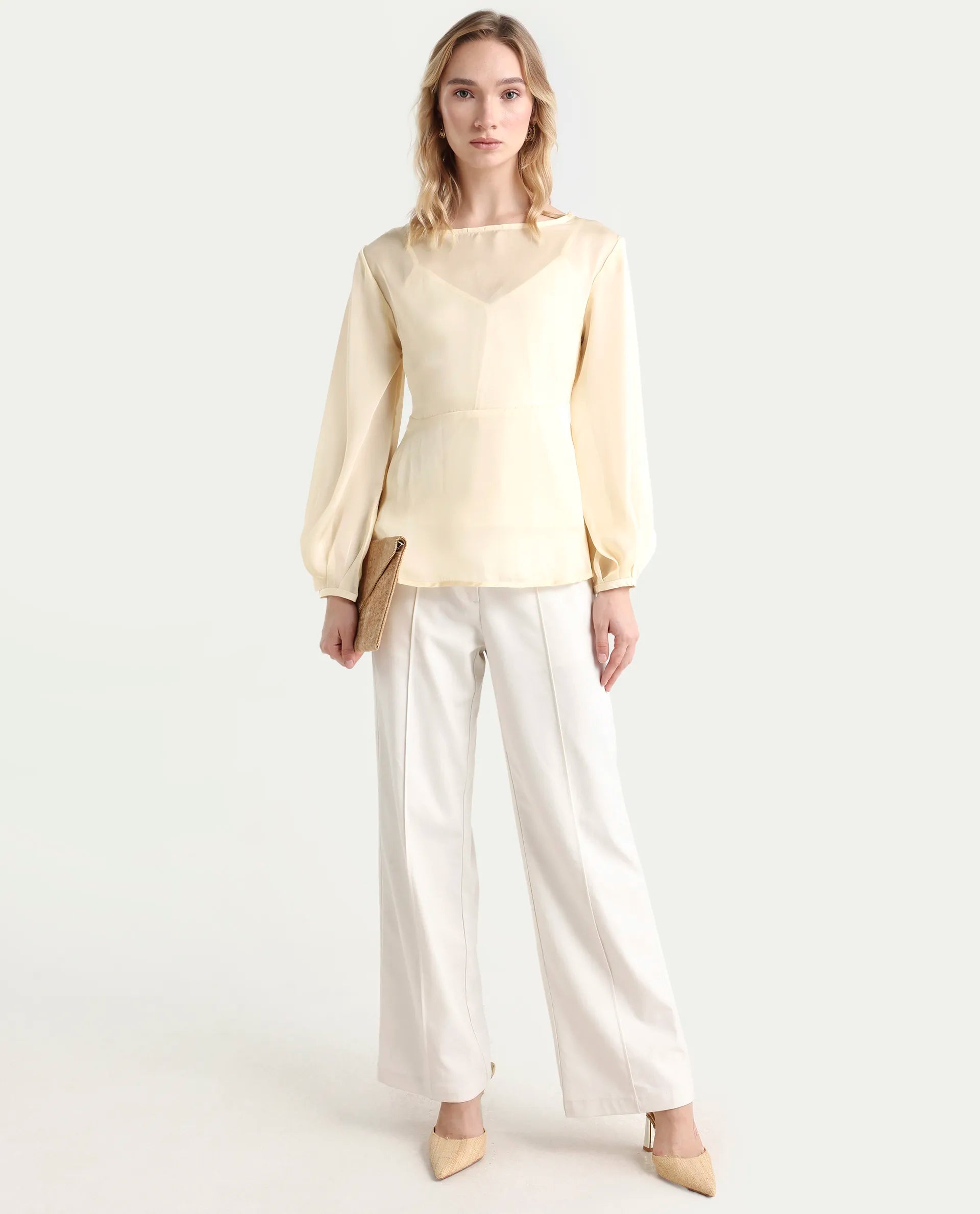 Rareism Women's Turin Beige Polyester Mandarin Collar Plain Balloon Sleeve Regular Fit Top