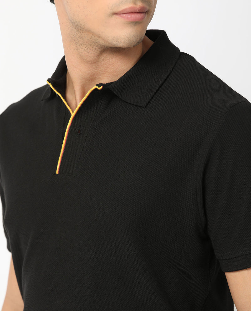 Rare Rabbit Men's Turino Black Cotton Fabric Collared Neck Half Sleeves Textured Polo T-Shirt