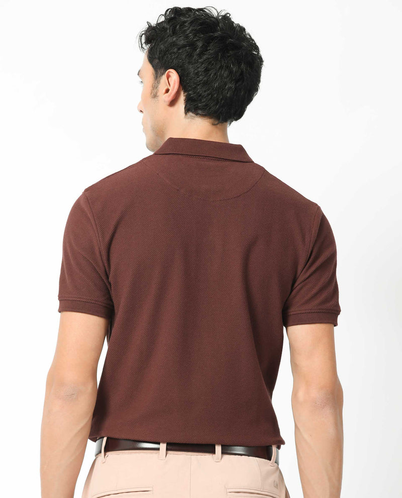 Rare Rabbit Men's Turino Brown Cotton Fabric Collared Neck Half Sleeves Textured Polo T-Shirt
