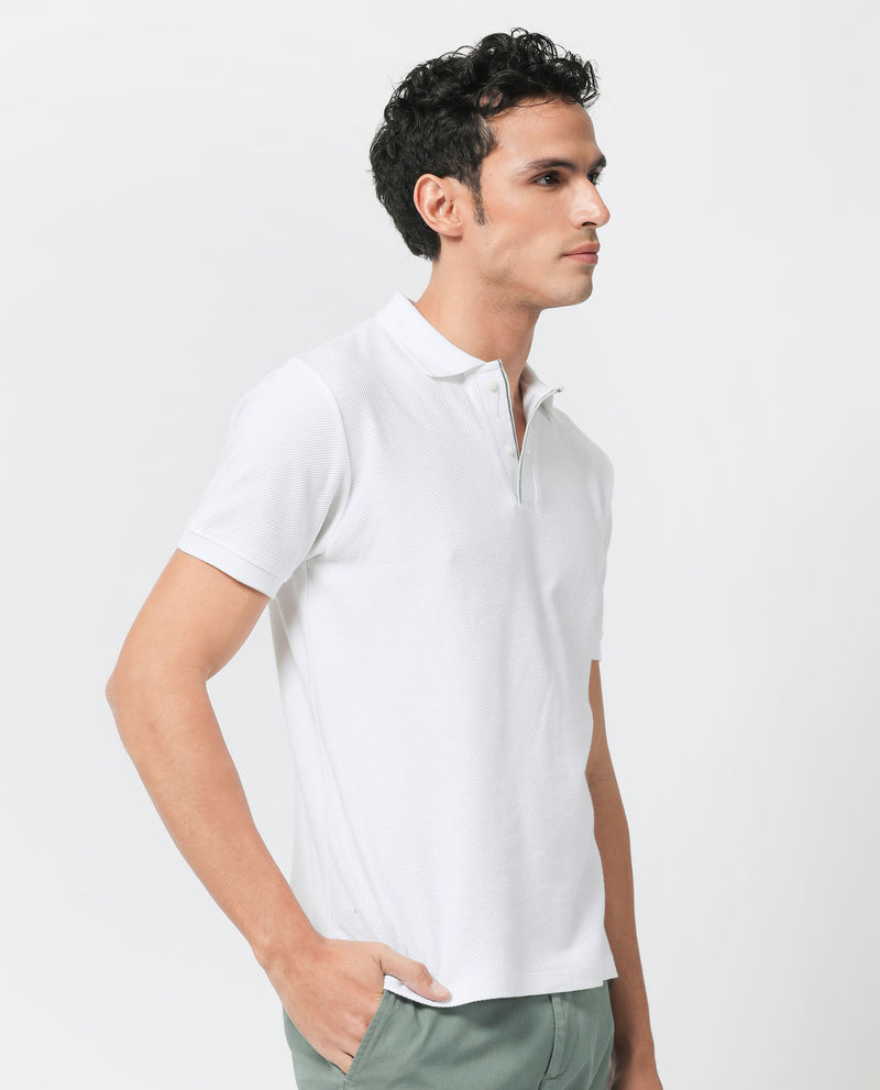Rare Rabbit Men's Turino White Cotton Fabric Collared Neck Half Sleeves Textured Polo T-Shirt
