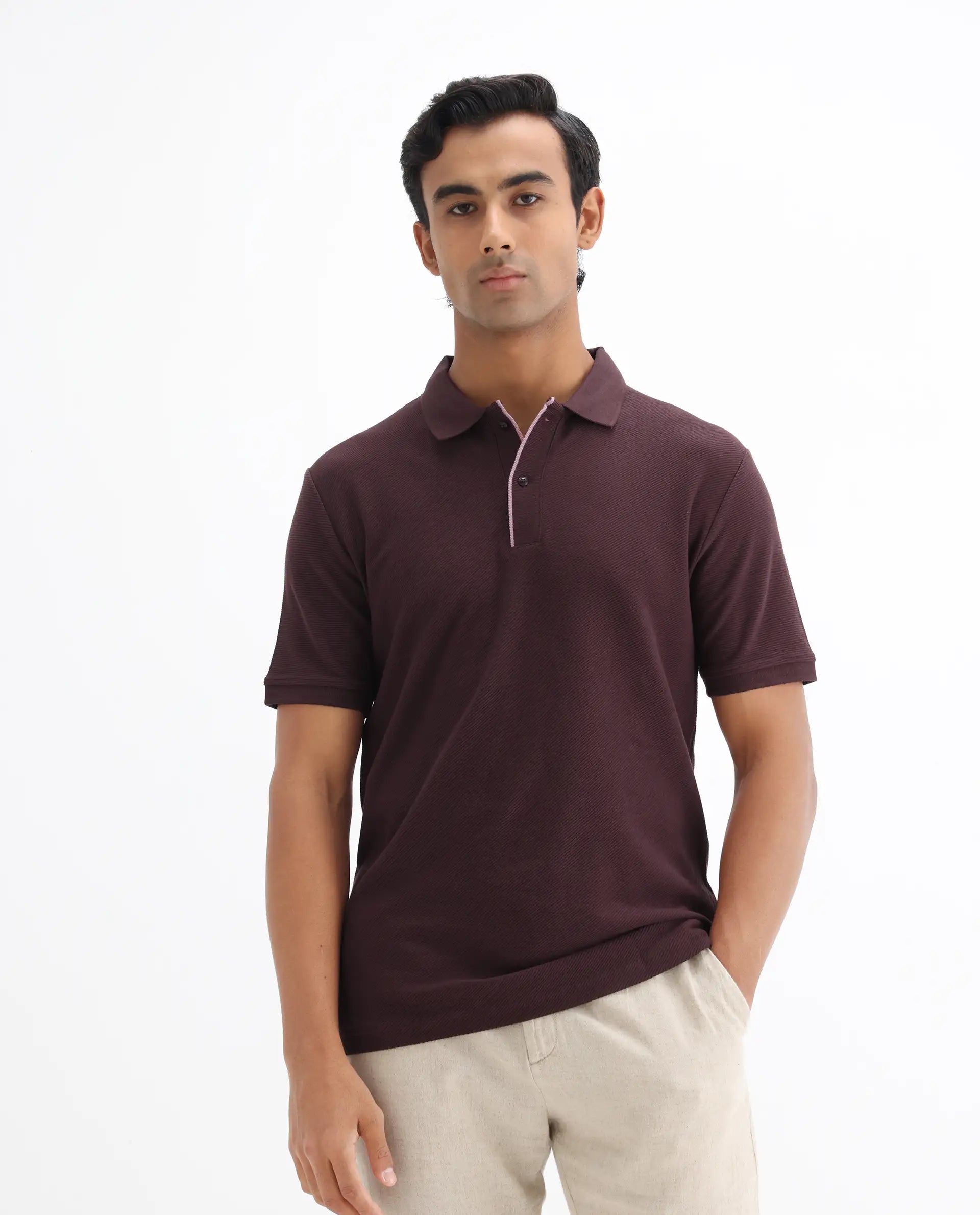 Rare Rabbit Men's Turino Brown Cotton Plain Regular Fit Half Sleeve Polo