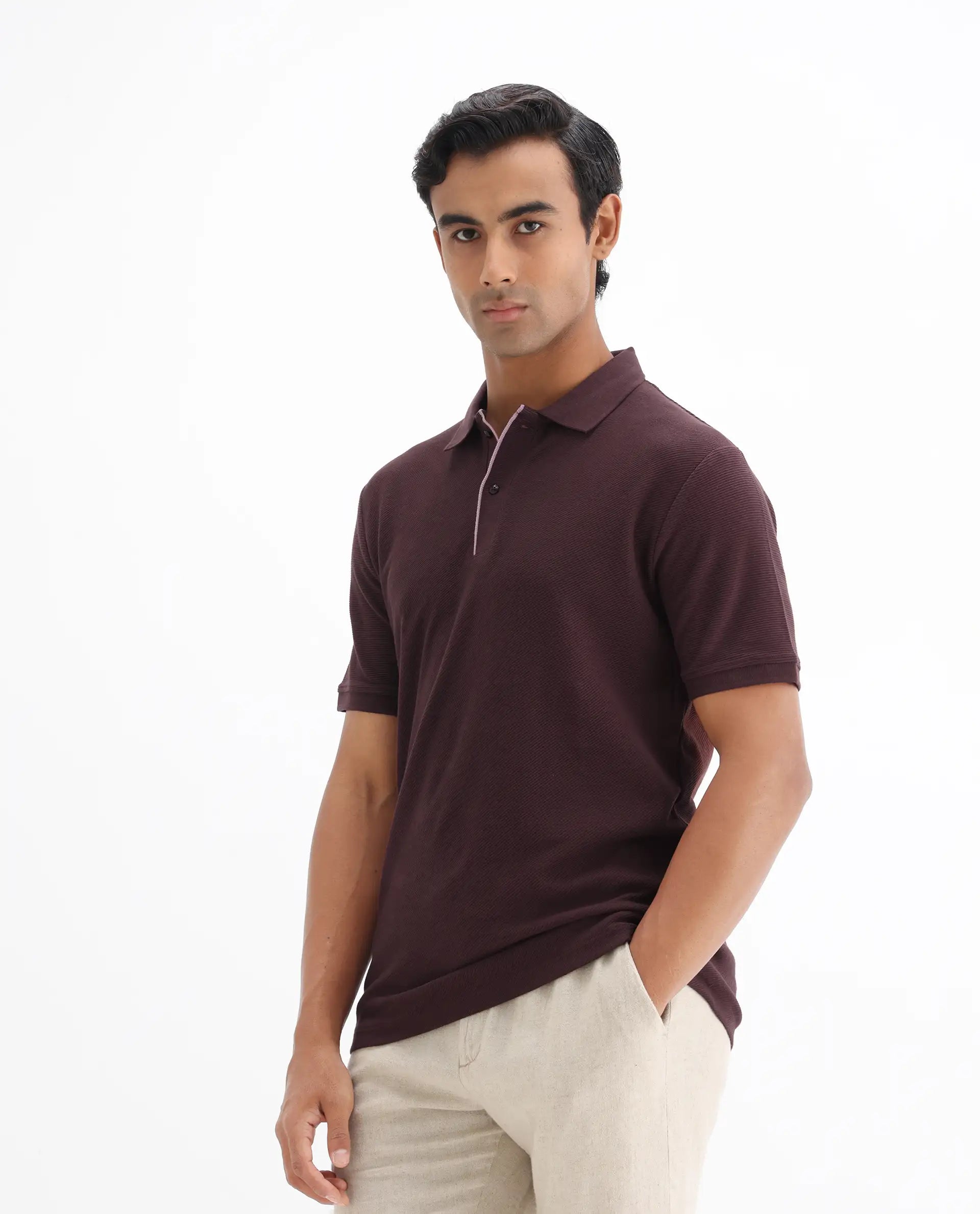 Rare Rabbit Men's Turino Brown Cotton Plain Regular Fit Half Sleeve Polo