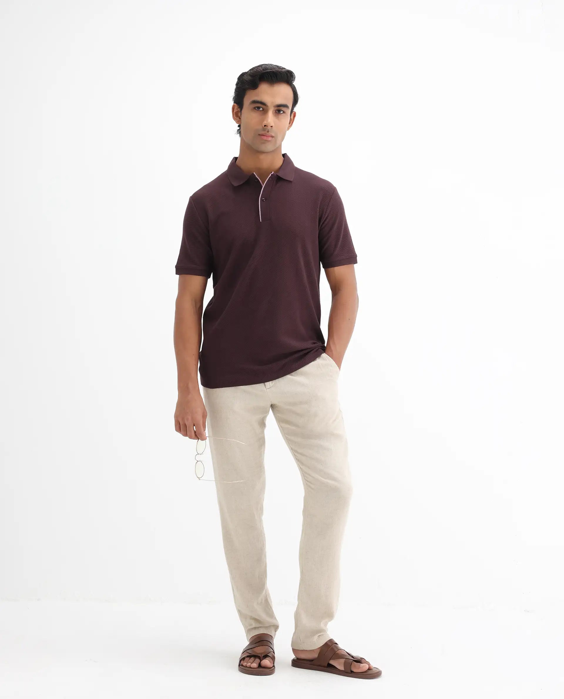 Rare Rabbit Men's Turino Brown Cotton Plain Regular Fit Half Sleeve Polo