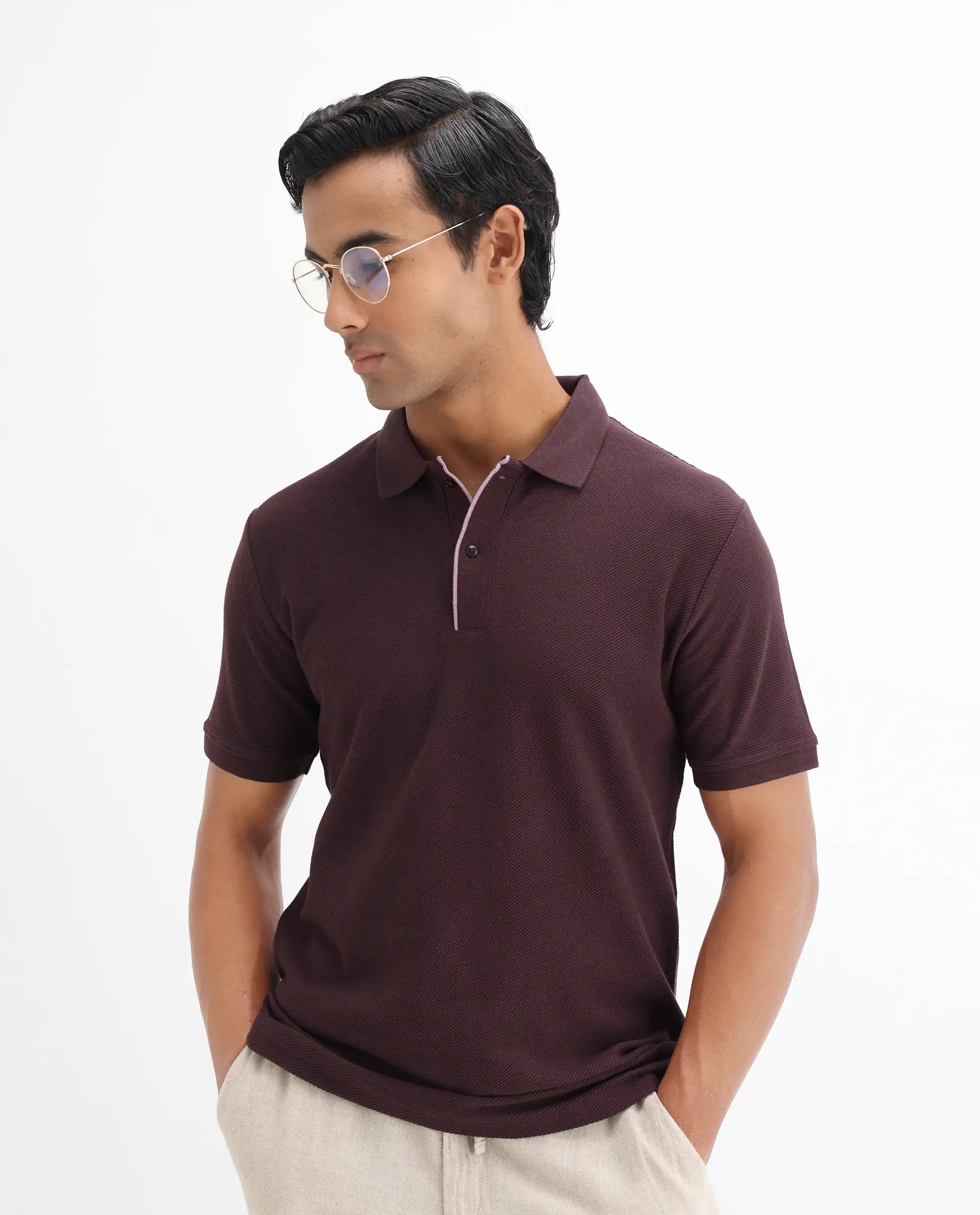 Rare Rabbit Men's Turino Brown Cotton Plain Regular Fit Half Sleeve Polo