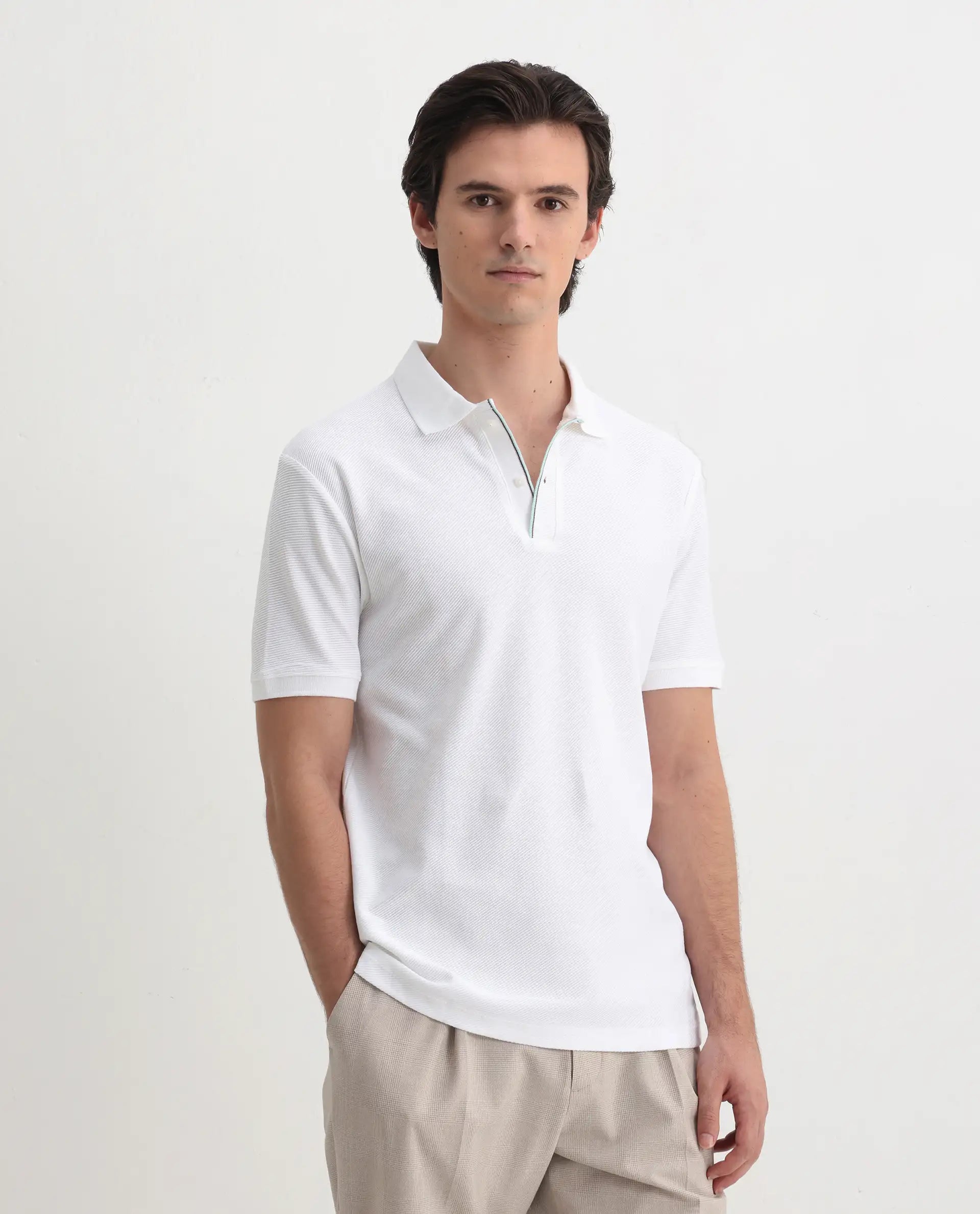 Rare Rabbit Men's Turino White Cotton Plain Regular Fit Half Sleeve Polo