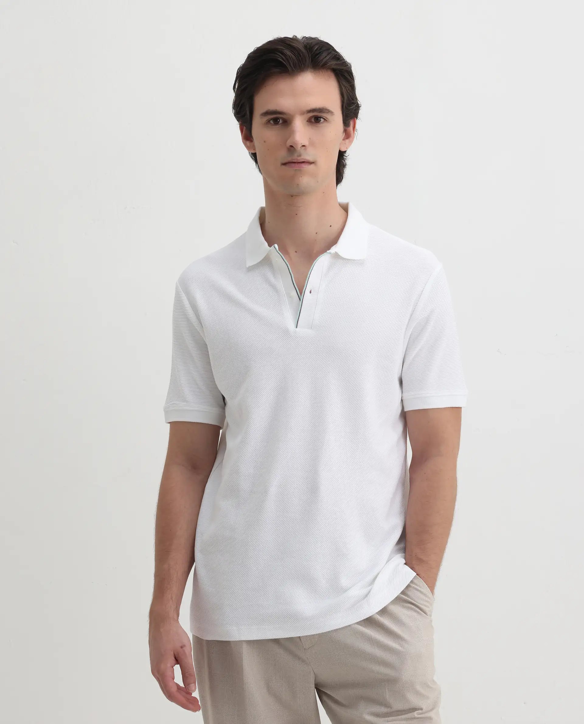 Rare Rabbit Men's Turino White Cotton Plain Regular Fit Half Sleeve Polo