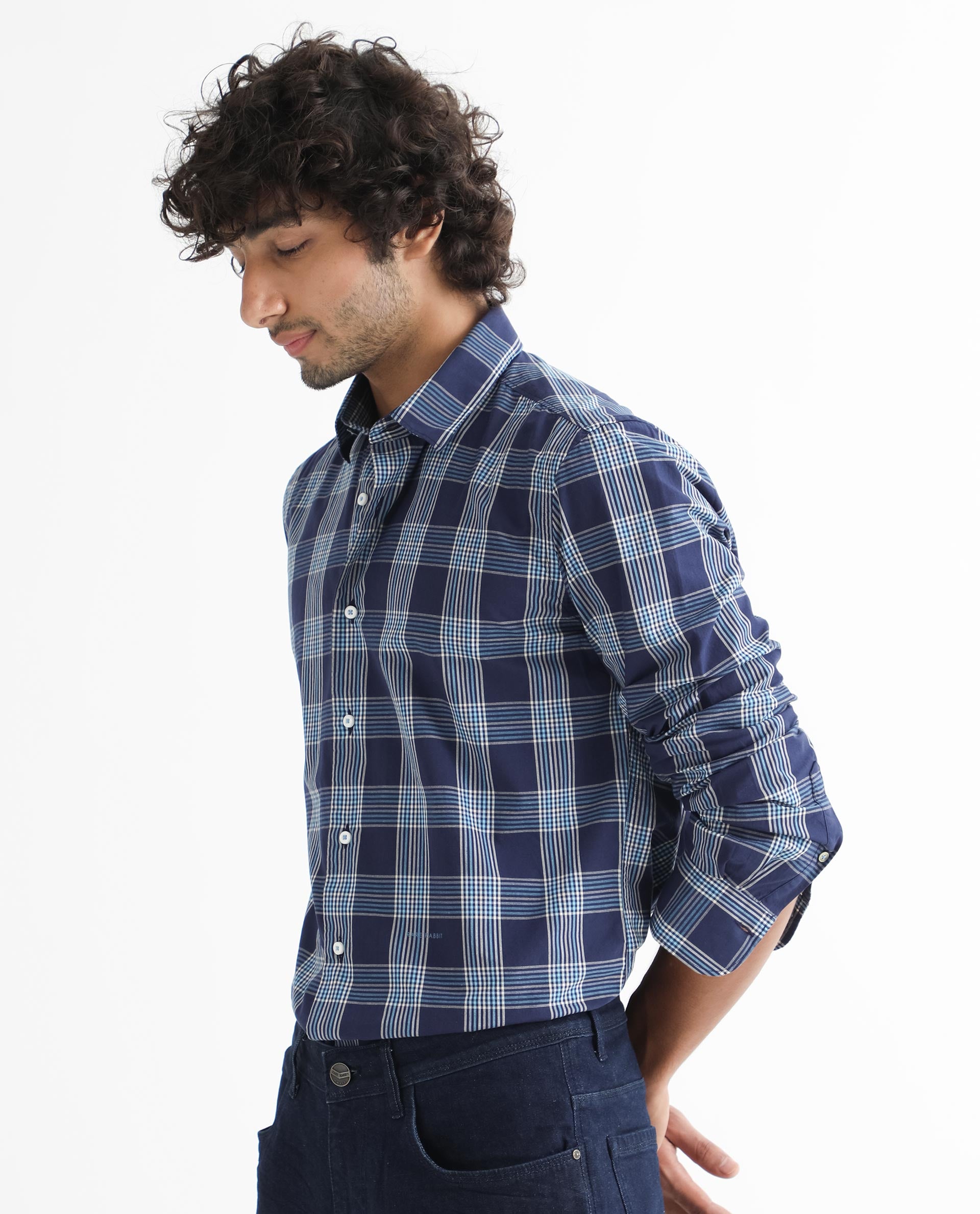 Rare Rabbit Men's Turvo Blue Cotton Fabric Full Sleeves Checks Shirt
