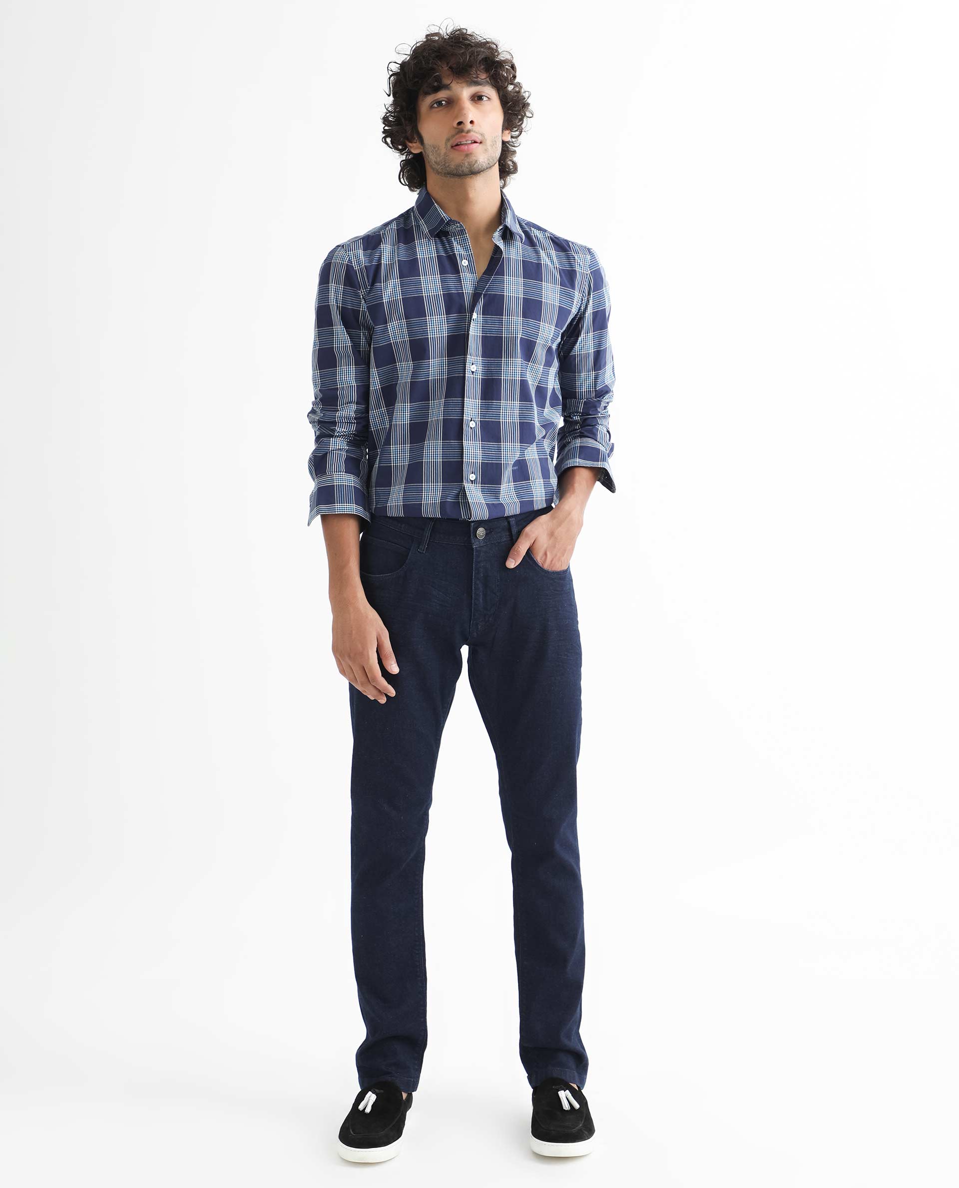 Rare Rabbit Men's Turvo Blue Cotton Fabric Full Sleeves Checks Shirt