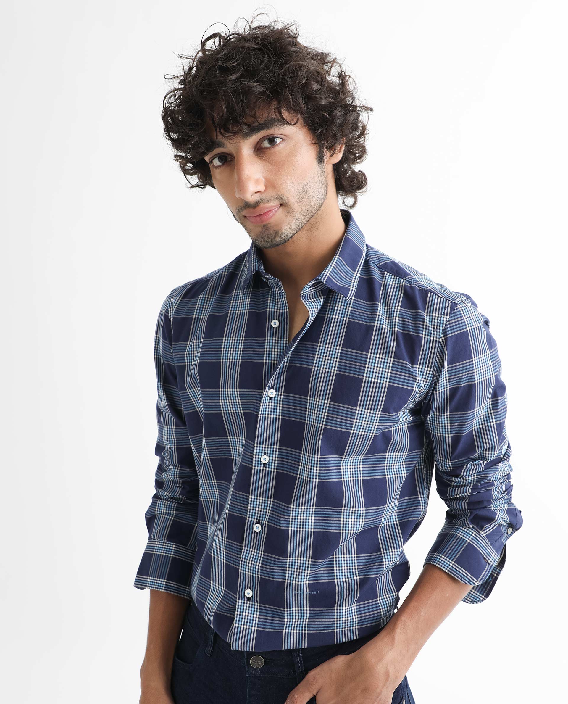 Rare Rabbit Men's Turvo Blue Cotton Fabric Full Sleeves Checks Shirt