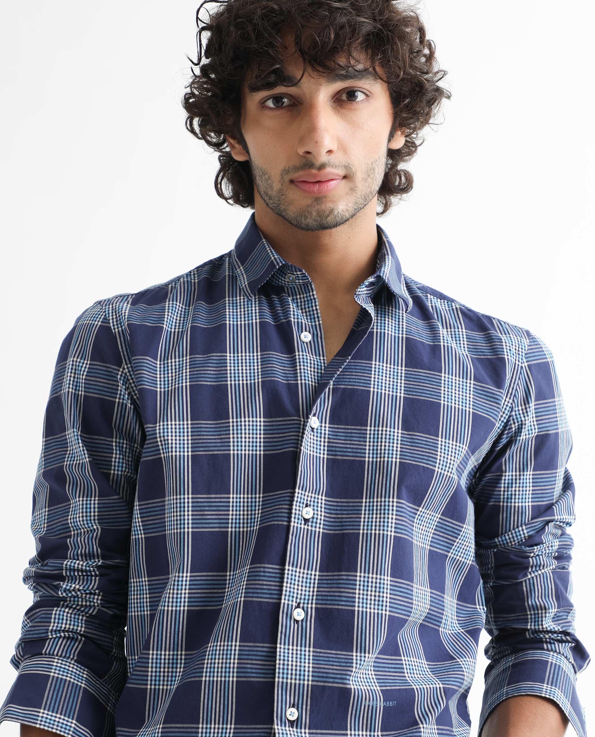 Rare Rabbit Men's Turvo Blue Cotton Fabric Full Sleeves Checks Shirt