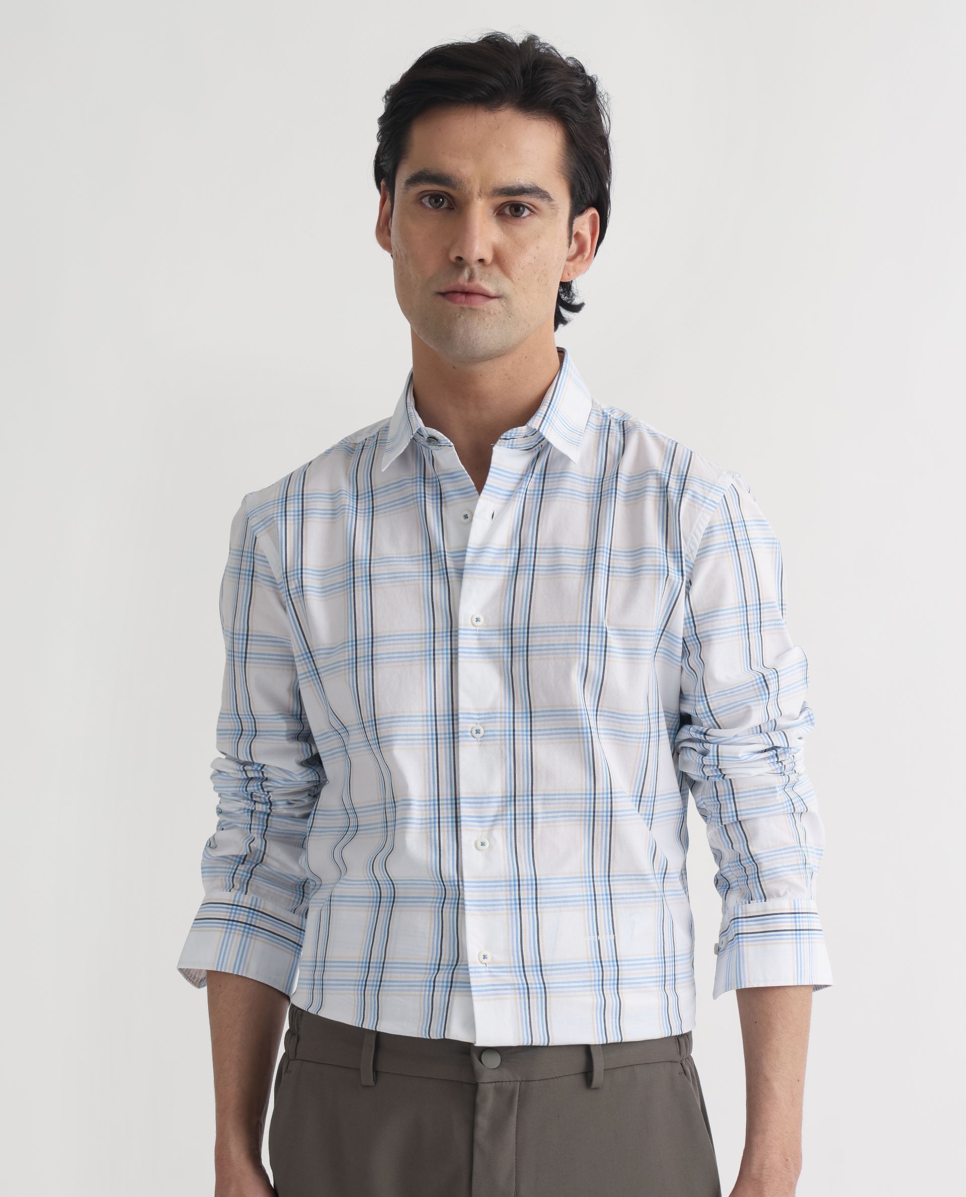 Rare Rabbit Men's Turvo White Cotton Fabric Full Sleeves Checks Shirt