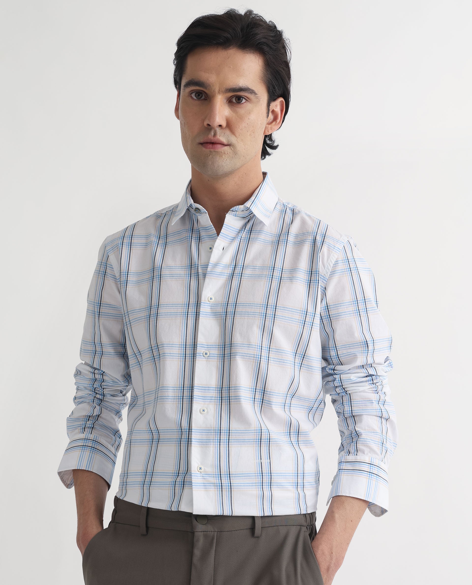 Rare Rabbit Men's Turvo White Cotton Fabric Full Sleeves Checks Shirt