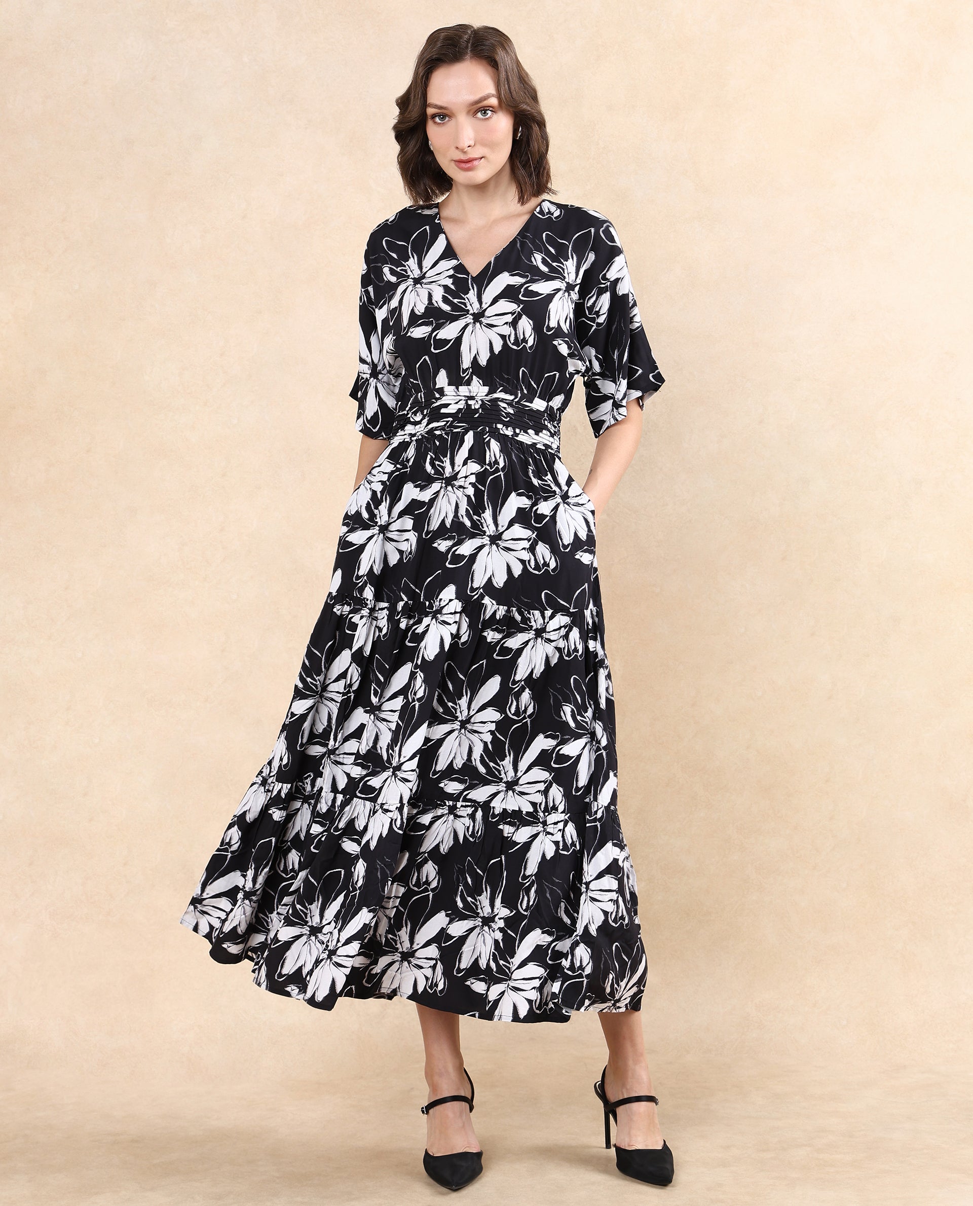 Rareism Women's Tuzio Black Viscose V-Neck Floral Print Extended Sleeves Maxi Fit And Flare Dress