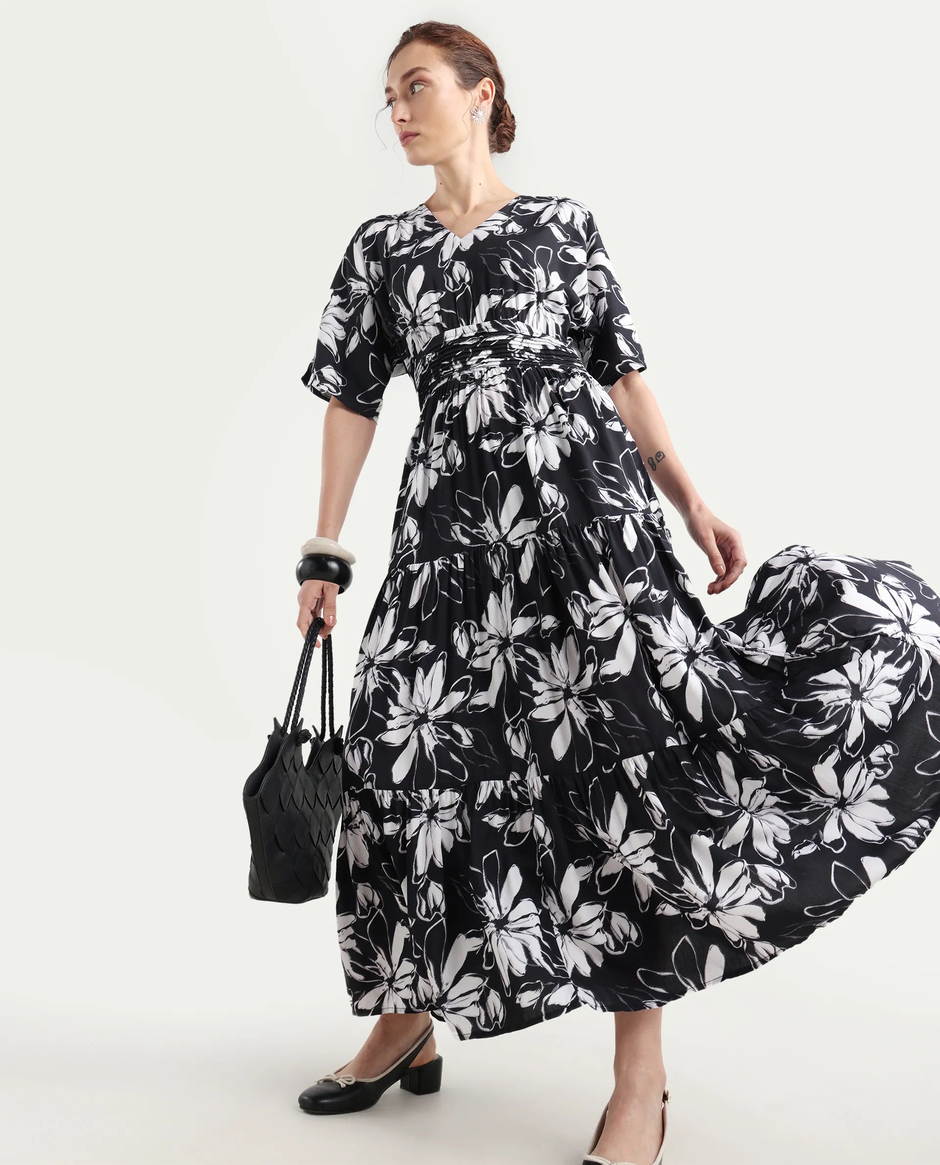 Rareism Women's Tuzio Black Viscose V-Neck Floral Print Extended Sleeves Maxi Fit And Flare Dress