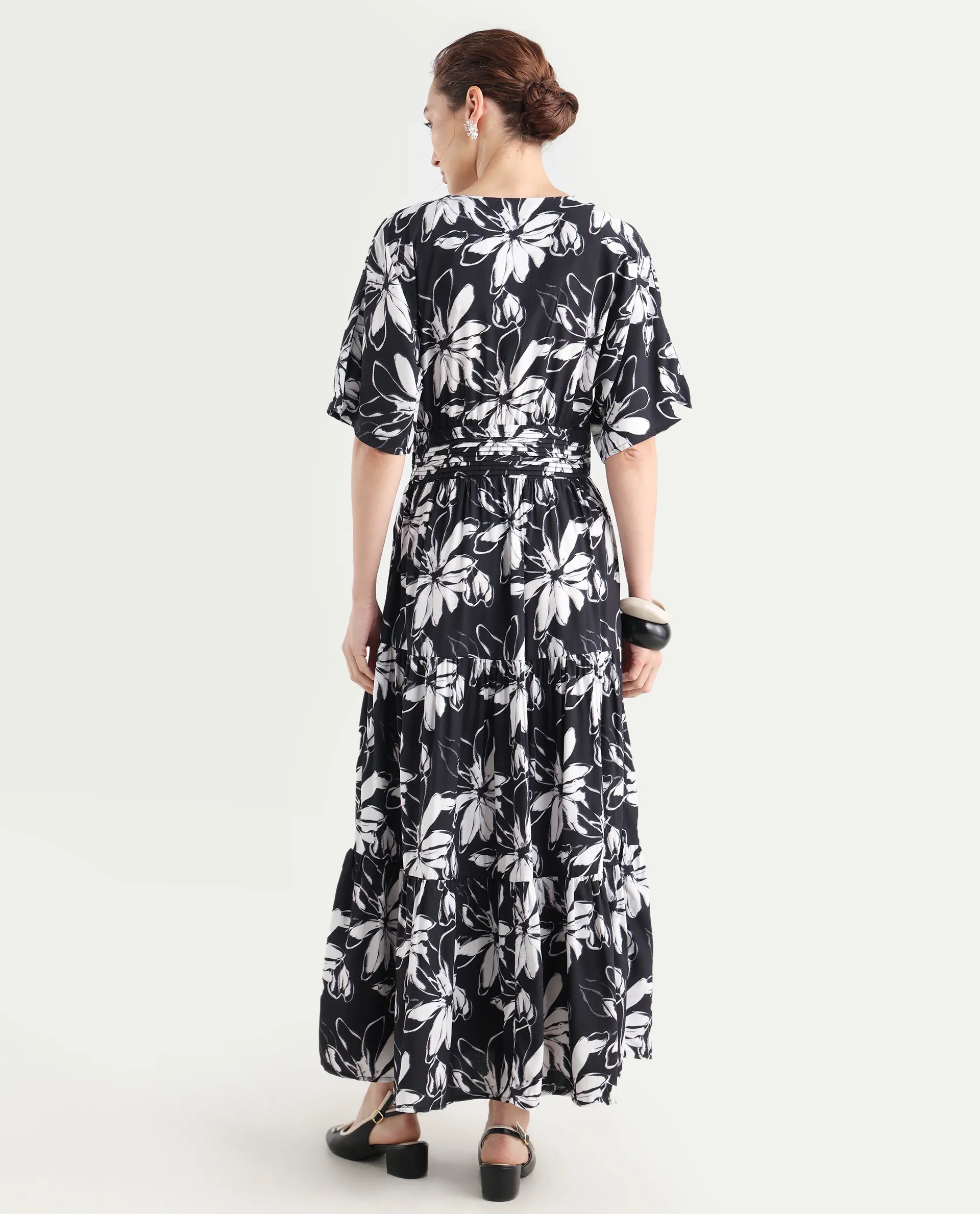 Rareism Women's Tuzio Black Viscose V-Neck Floral Print Extended Sleeves Maxi Fit And Flare Dress