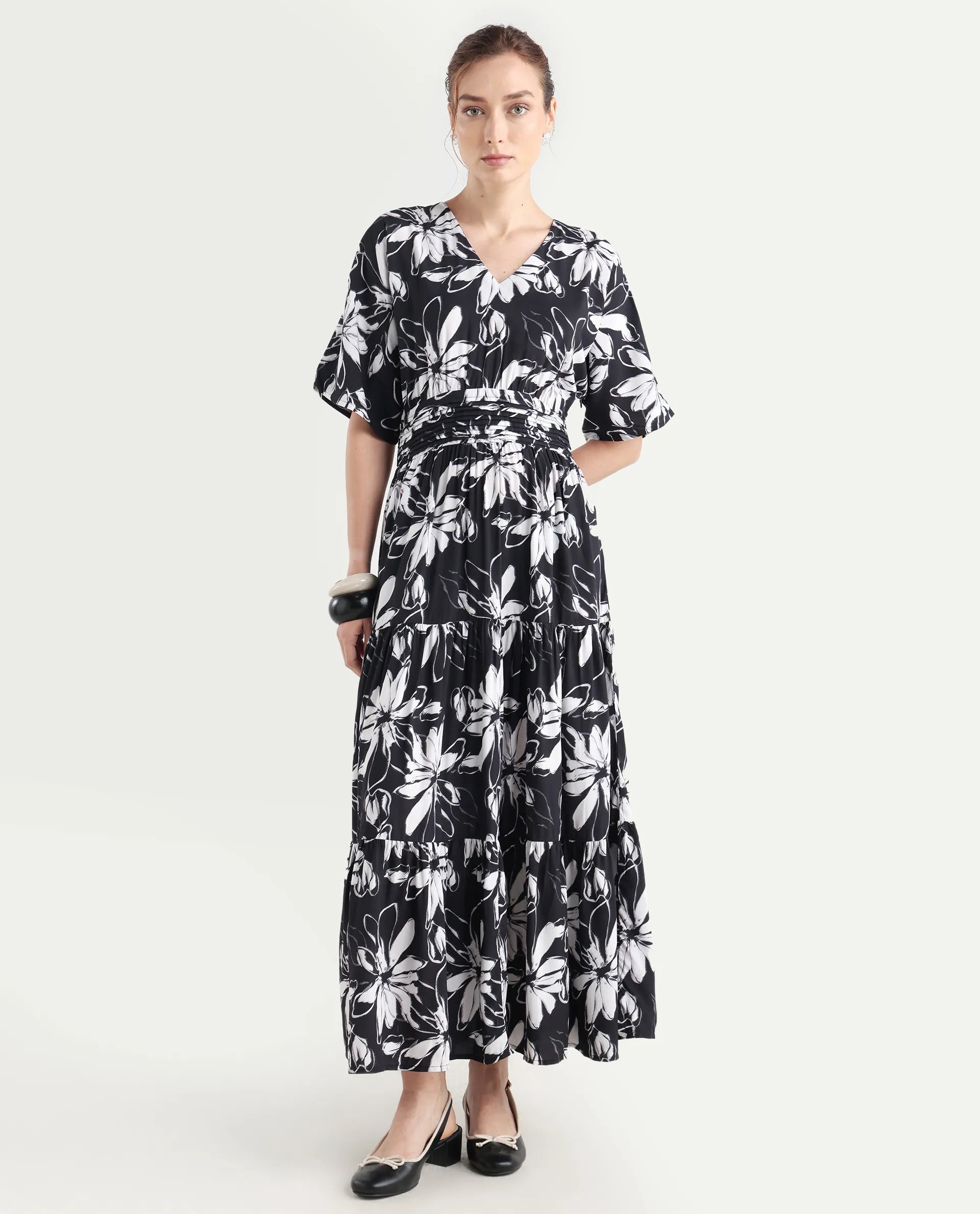 Rareism Women's Tuzio Black Viscose V-Neck Floral Print Extended Sleeves Maxi Fit And Flare Dress