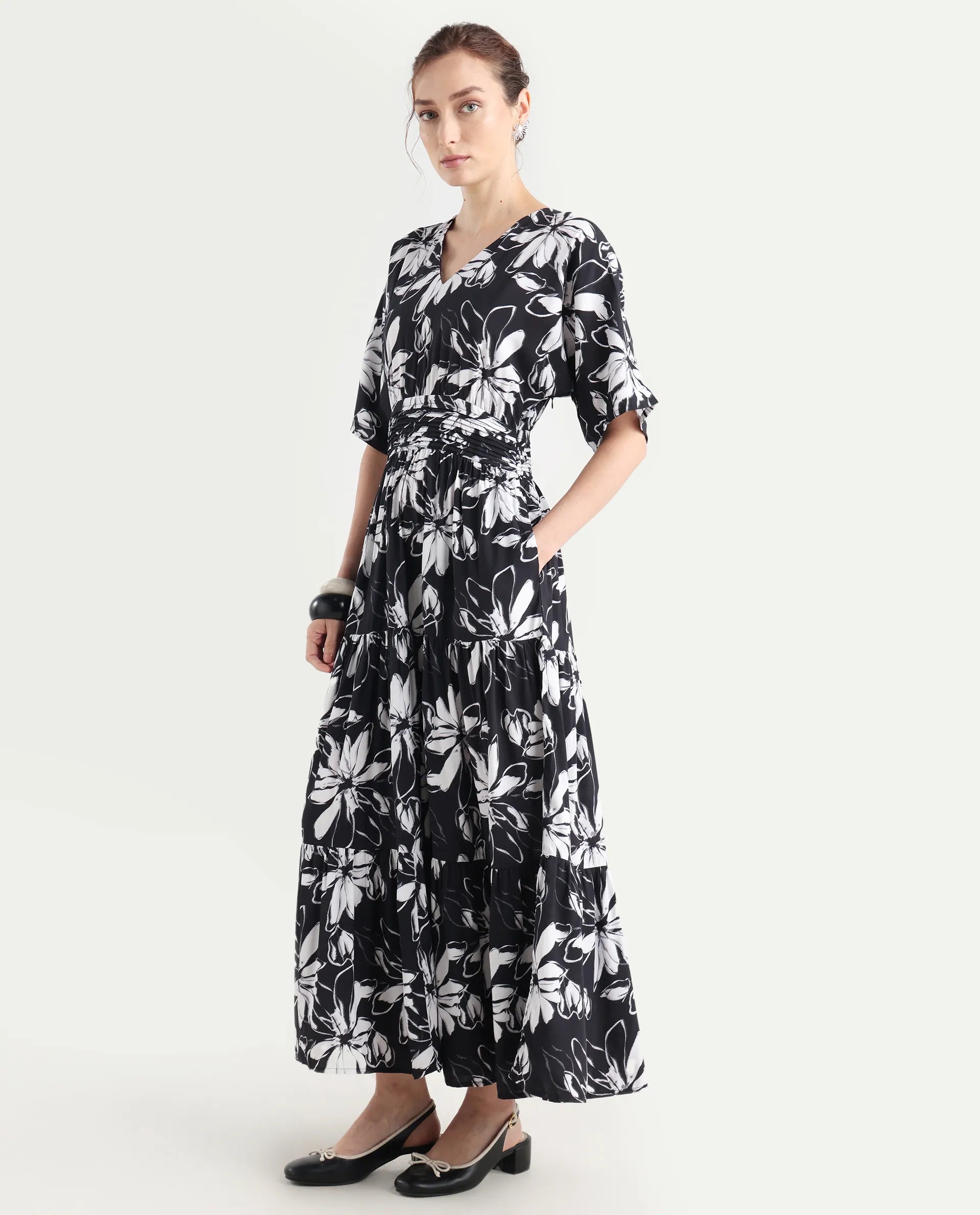 Rareism Women's Tuzio Black Viscose V-Neck Floral Print Extended Sleeves Maxi Fit And Flare Dress