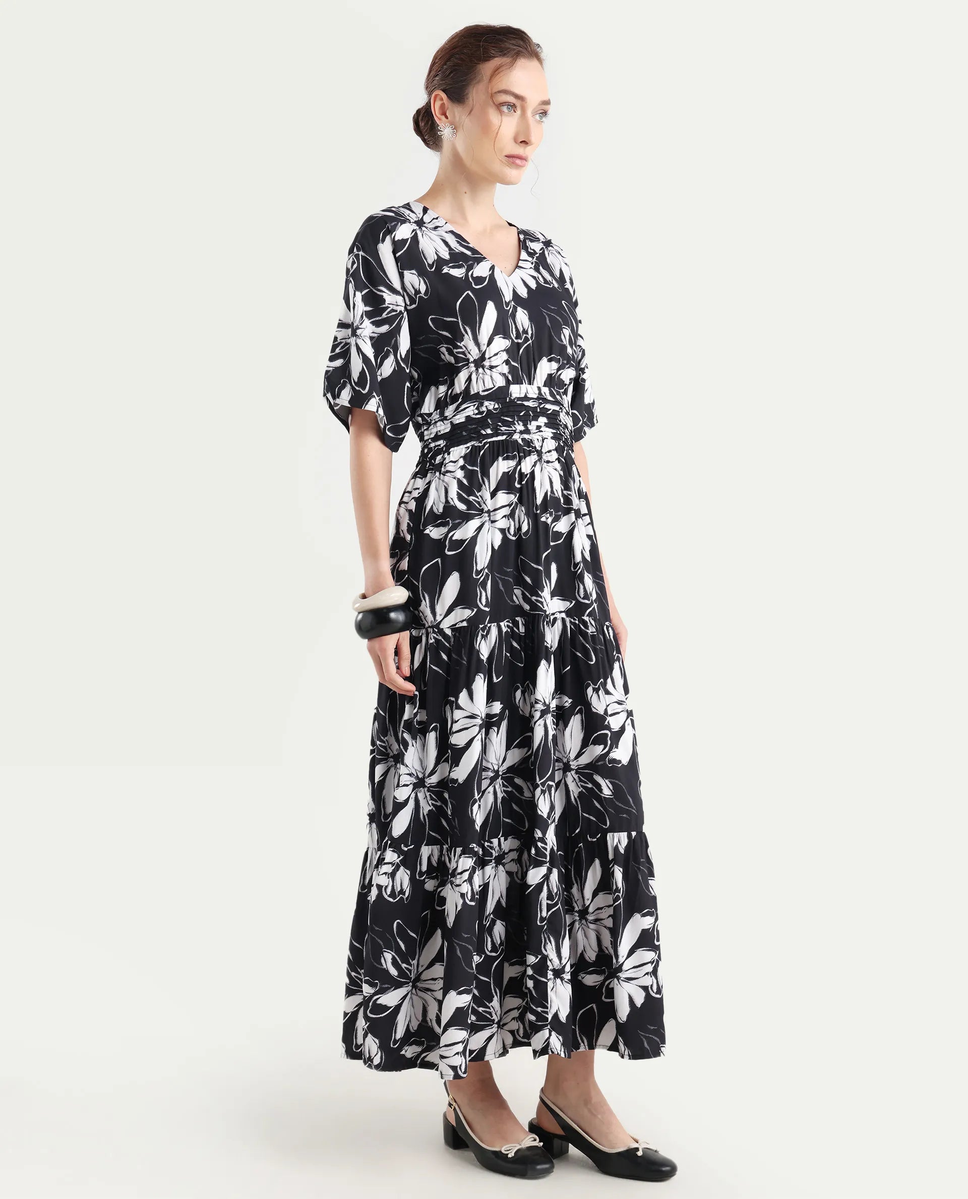 Rareism Women's Tuzio Black Viscose V-Neck Floral Print Extended Sleeves Maxi Fit And Flare Dress