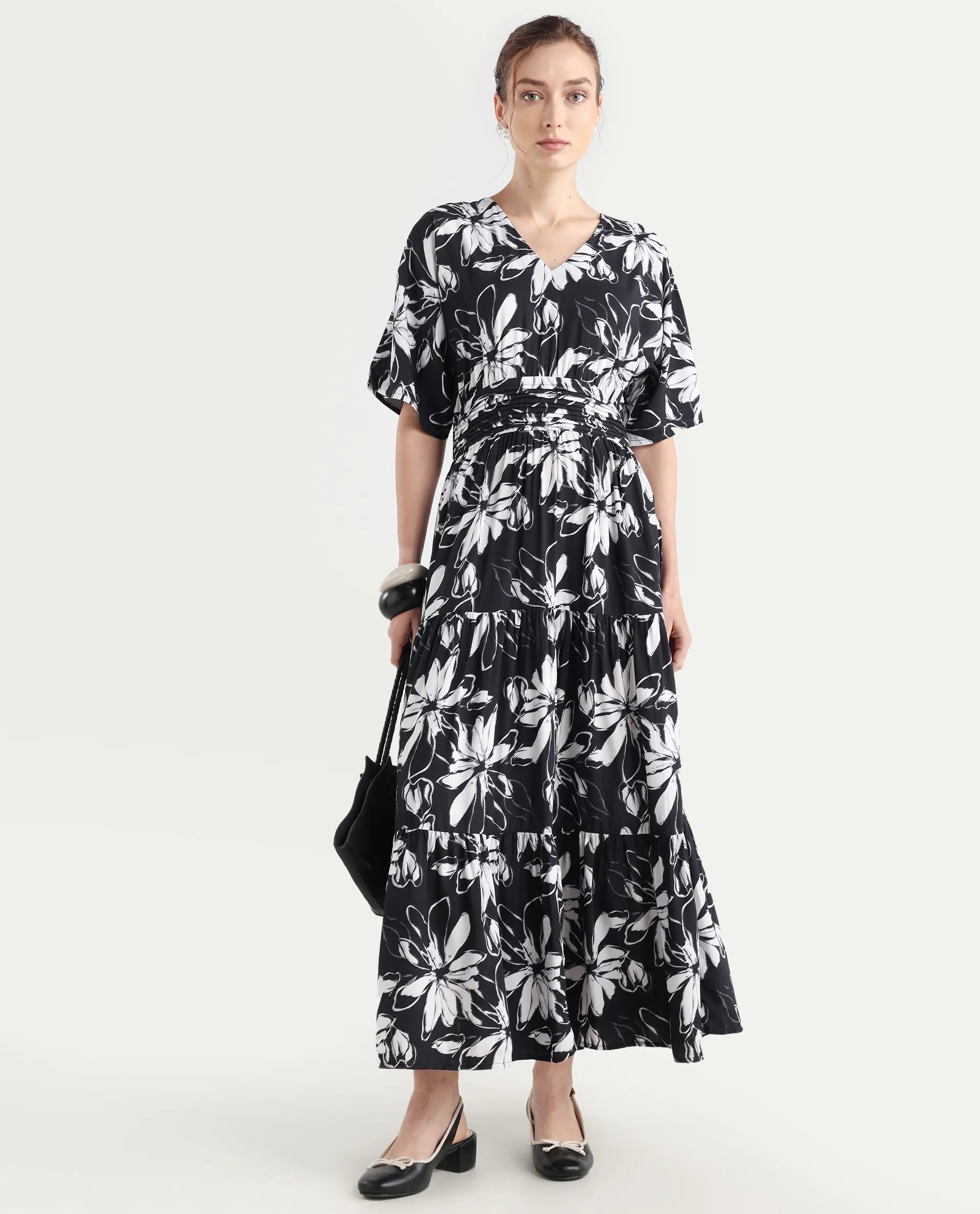 Rareism Women's Tuzio Black Viscose V-Neck Floral Print Extended Sleeves Maxi Fit And Flare Dress