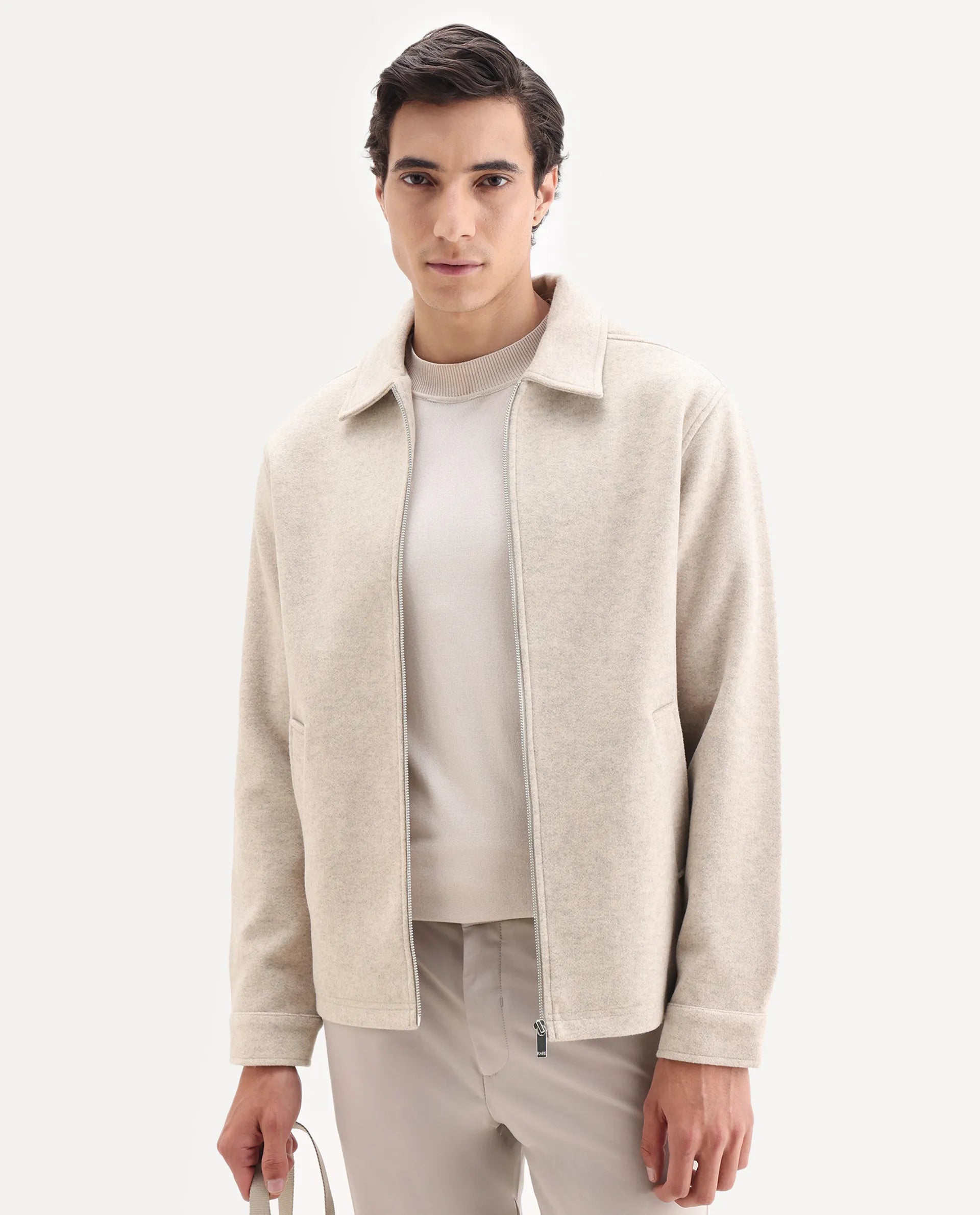 Rare Rabbit Men's Tweeder-25 Beige Polyester Blend Fabric Collared Neck Regular Fit Plain Jacket