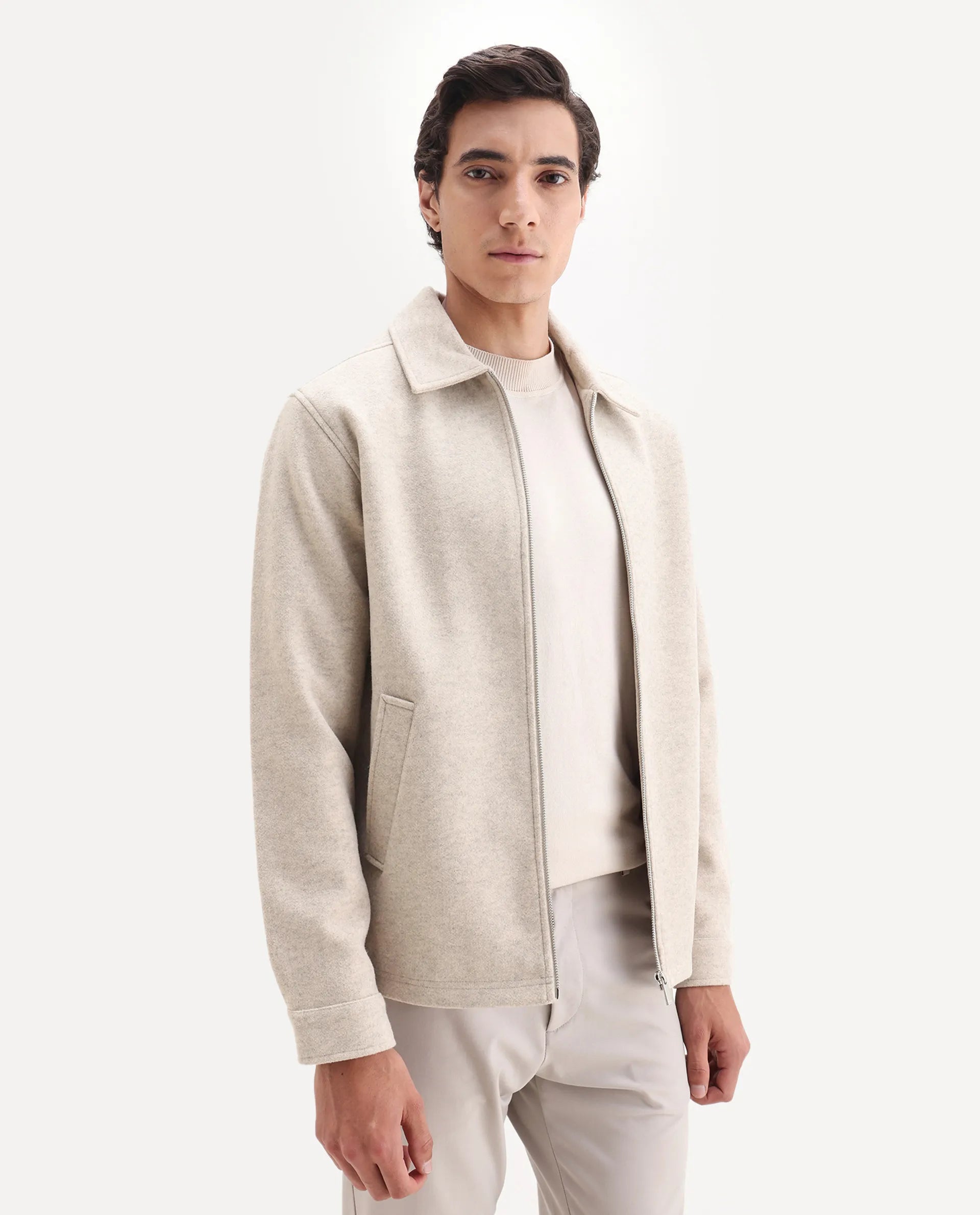Rare Rabbit Men's Tweeder-25 Beige Polyester Blend Fabric Collared Neck Regular Fit Plain Jacket