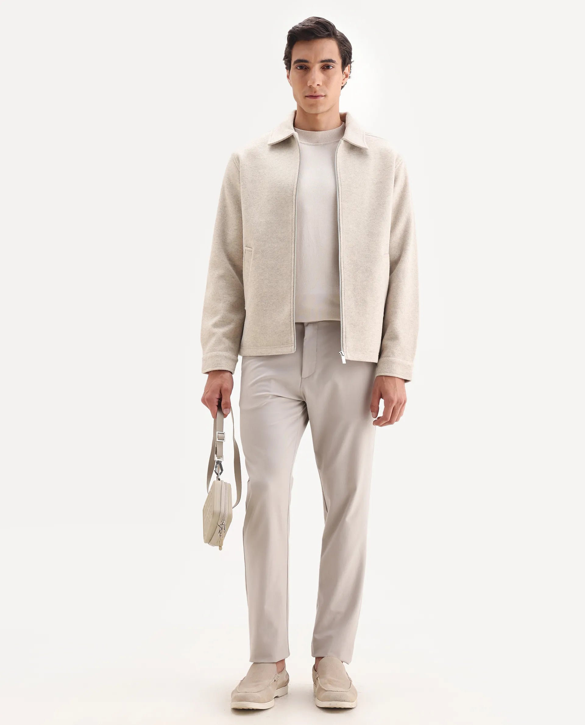 Rare Rabbit Men's Tweeder-25 Beige Polyester Blend Fabric Collared Neck Regular Fit Plain Jacket