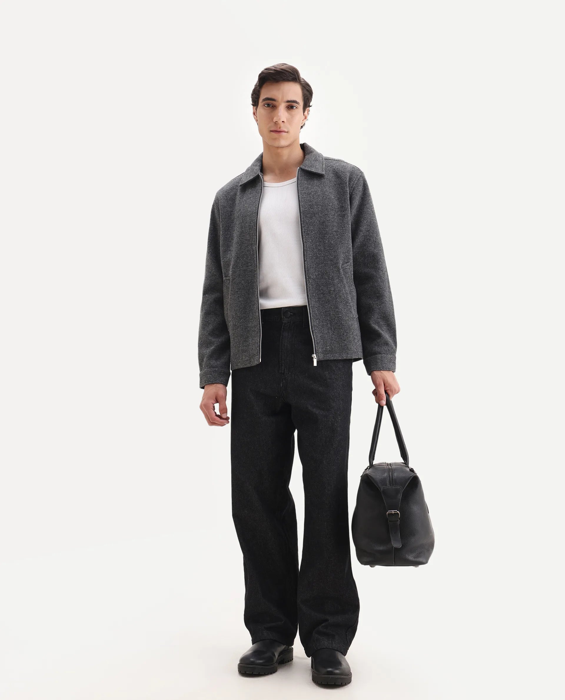 Rare Rabbit Men's Tweeder-25 Grey Polyester Blend Fabric Collared Neck Regular Fit Plain Jacket