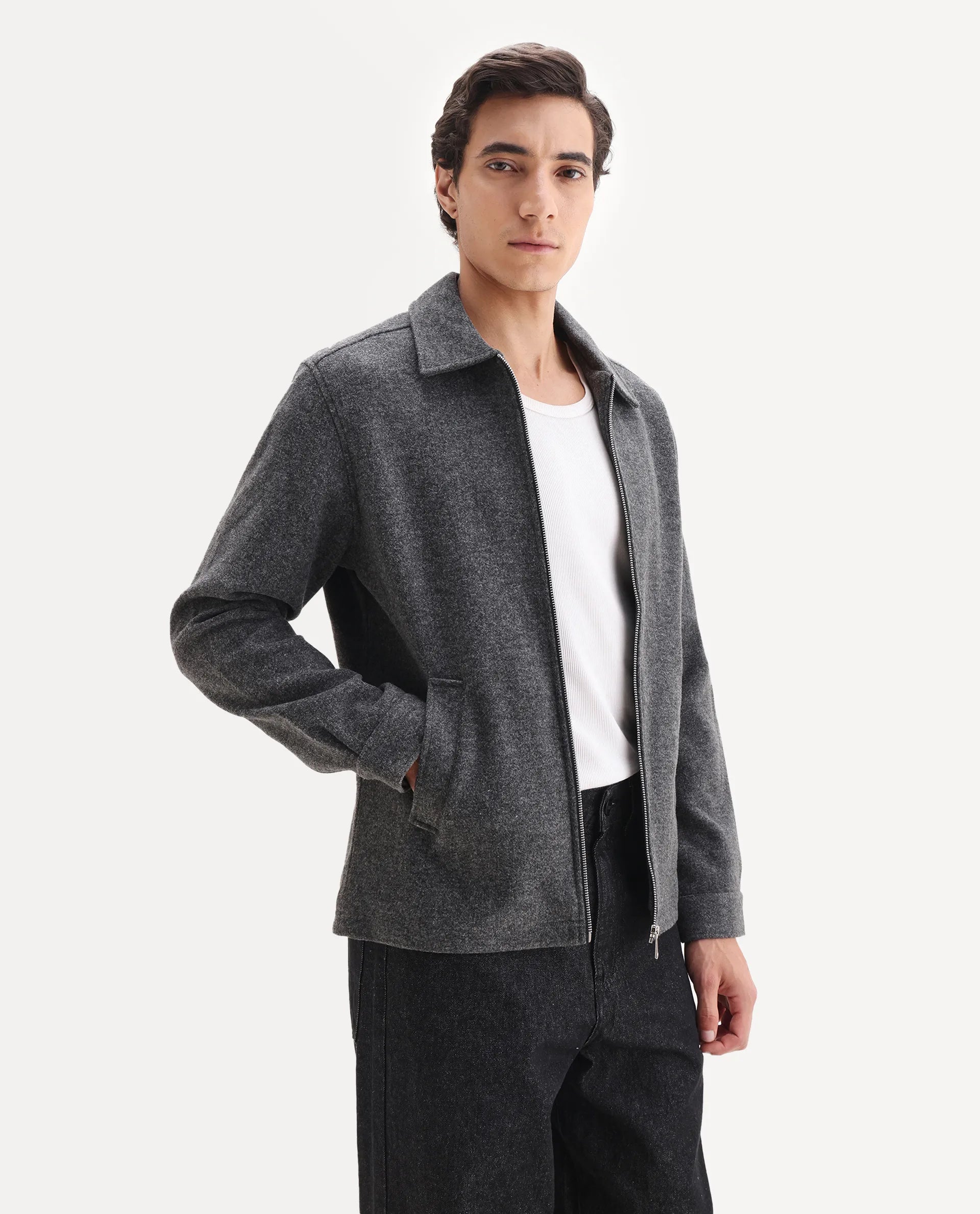 Rare Rabbit Men's Tweeder-25 Grey Polyester Blend Fabric Collared Neck Regular Fit Plain Jacket