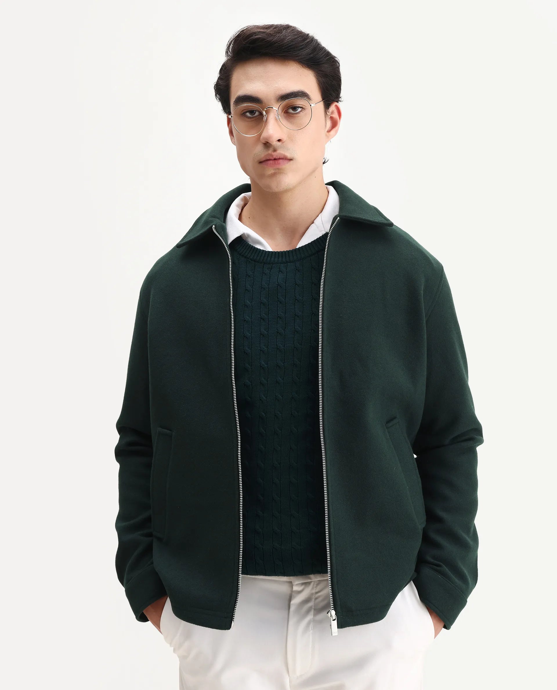 Rare Rabbit Men's Tweeder-25 Teal Polyester Blend Fabric Collared Neck Regular Fit Plain Jacket