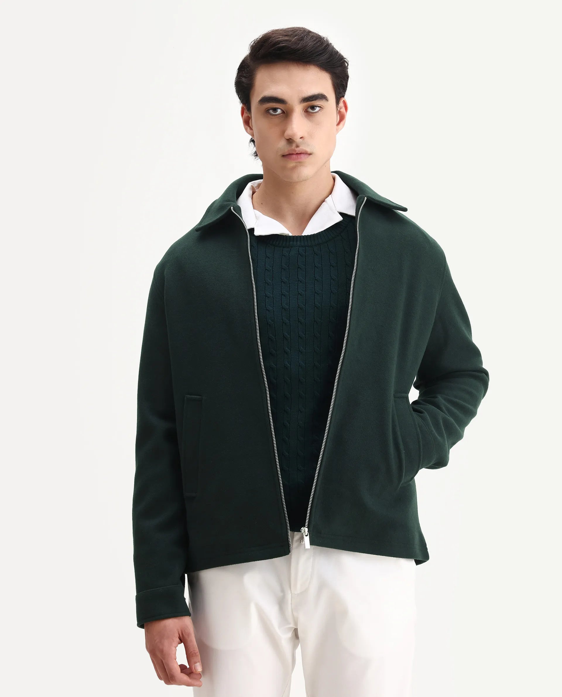 Rare Rabbit Men's Tweeder-25 Teal Polyester Blend Fabric Collared Neck Regular Fit Plain Jacket