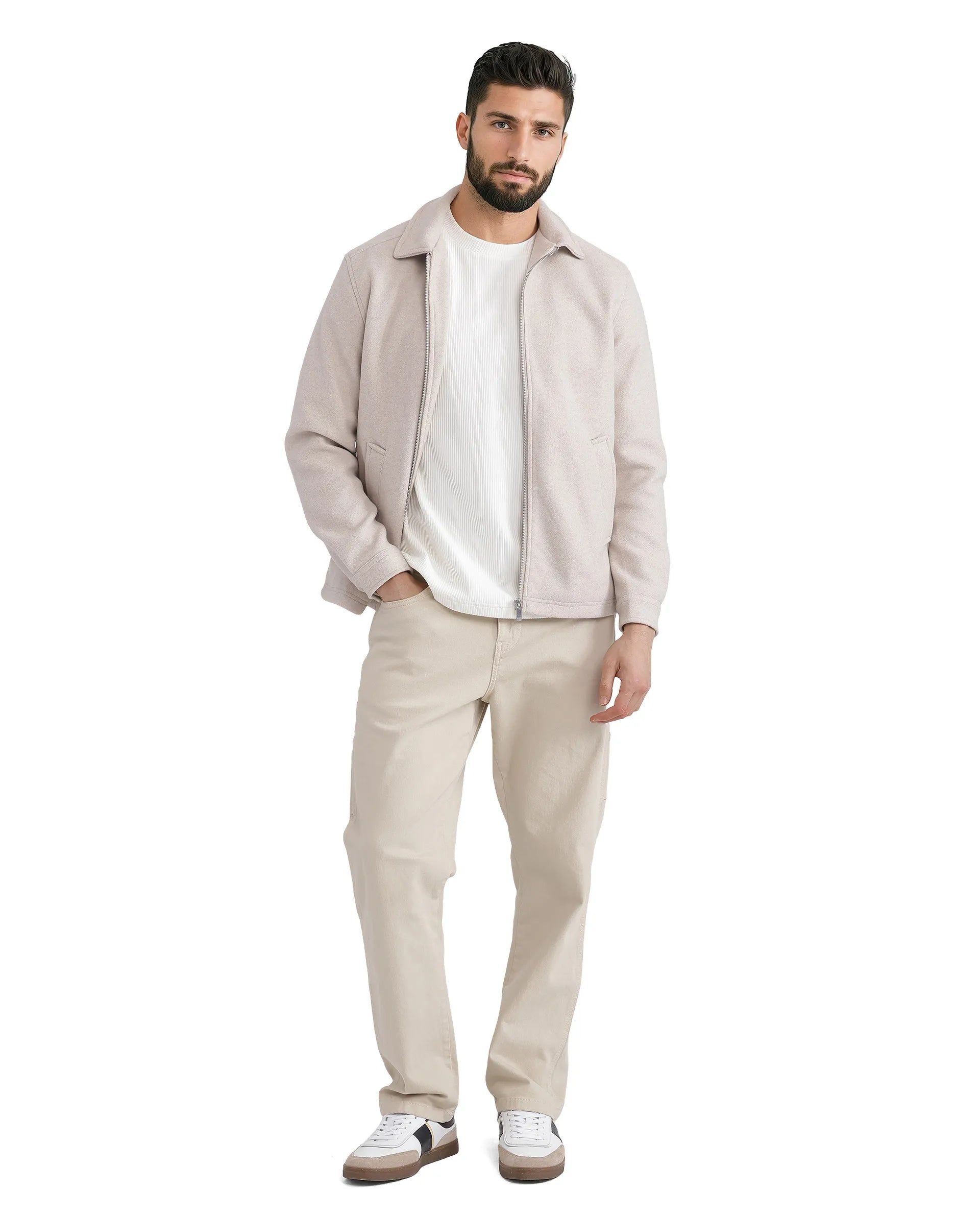 Rare Rabbit Men Tweeder-2 Beige Poly Rayon Fabric Full Sleeve Collared Neck Zipper Closure Relaxed Fit Plain Jacket