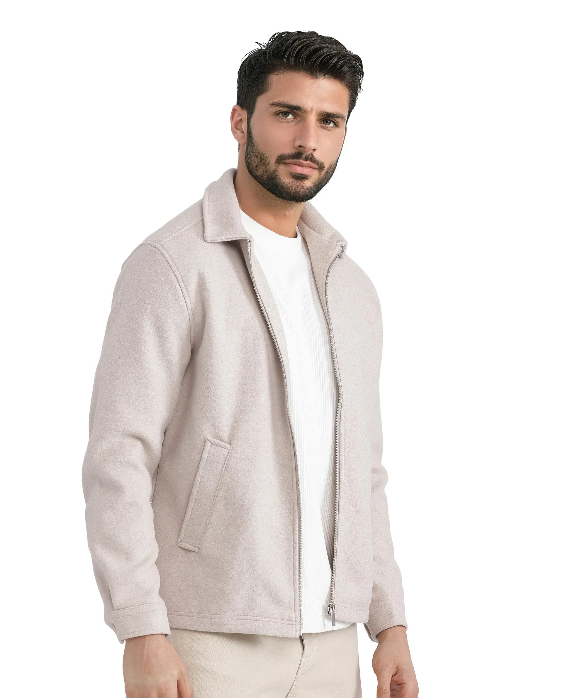 Rare Rabbit Men Tweeder-2 Beige Poly Rayon Fabric Full Sleeve Collared Neck Zipper Closure Relaxed Fit Plain Jacket