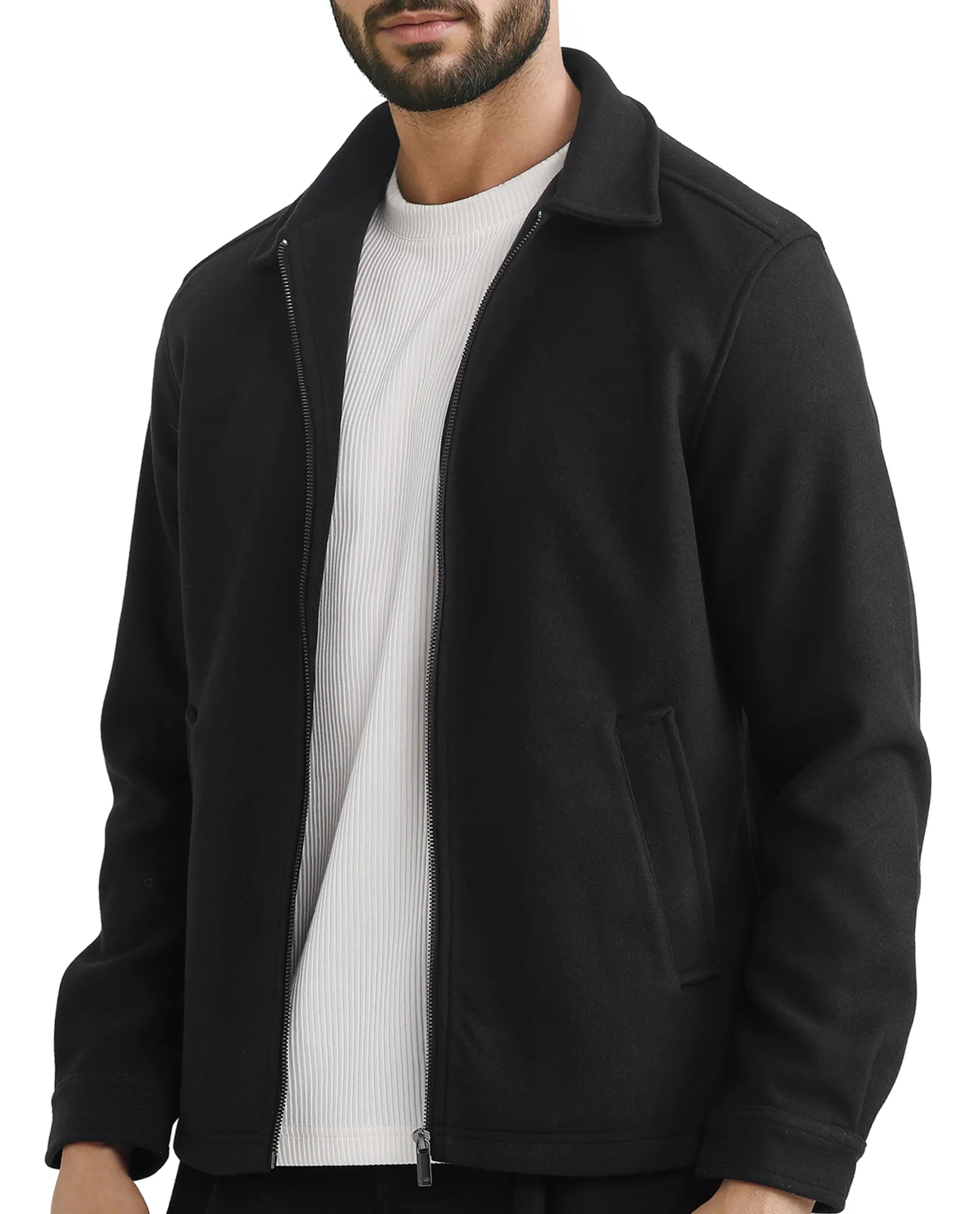 Rare Rabbit Men Tweeder-2 Black Poly Rayon Fabric Full Sleeve Collared Neck Zipper Closure Relaxed Fit Plain Jacket