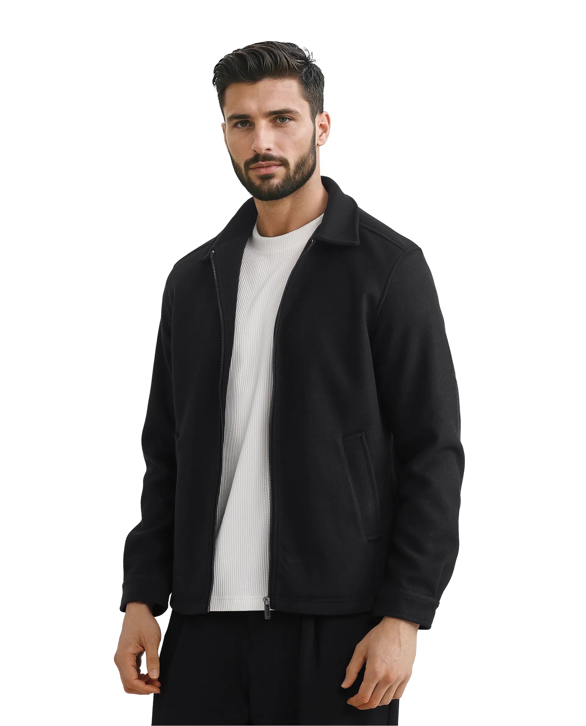Rare Rabbit Men Tweeder-2 Black Poly Rayon Fabric Full Sleeve Collared Neck Zipper Closure Relaxed Fit Plain Jacket