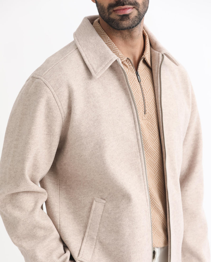 RARE RABBIT MENS TWEEDER BEIGE JACKET POLYESTER FABRIC COLLARED NECK WOVEN FULL SLEEVES BUTTON AND ZIP CLOSURE REGULAR FIT