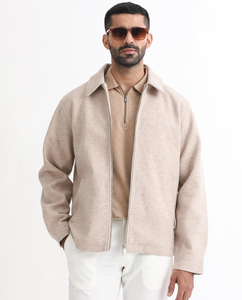 RARE RABBIT MENS TWEEDER BEIGE JACKET POLYESTER FABRIC COLLARED NECK WOVEN FULL SLEEVES BUTTON AND ZIP CLOSURE REGULAR FIT