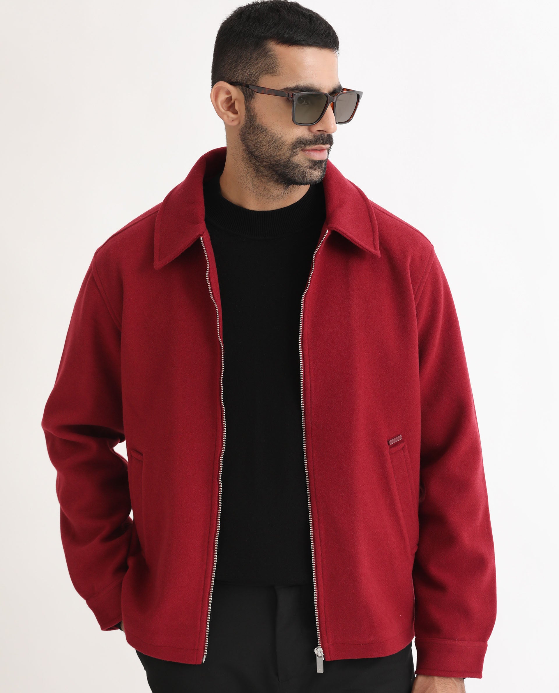 Rare Rabbit Men's Tweeder Red Textured Broad Collar Jacket