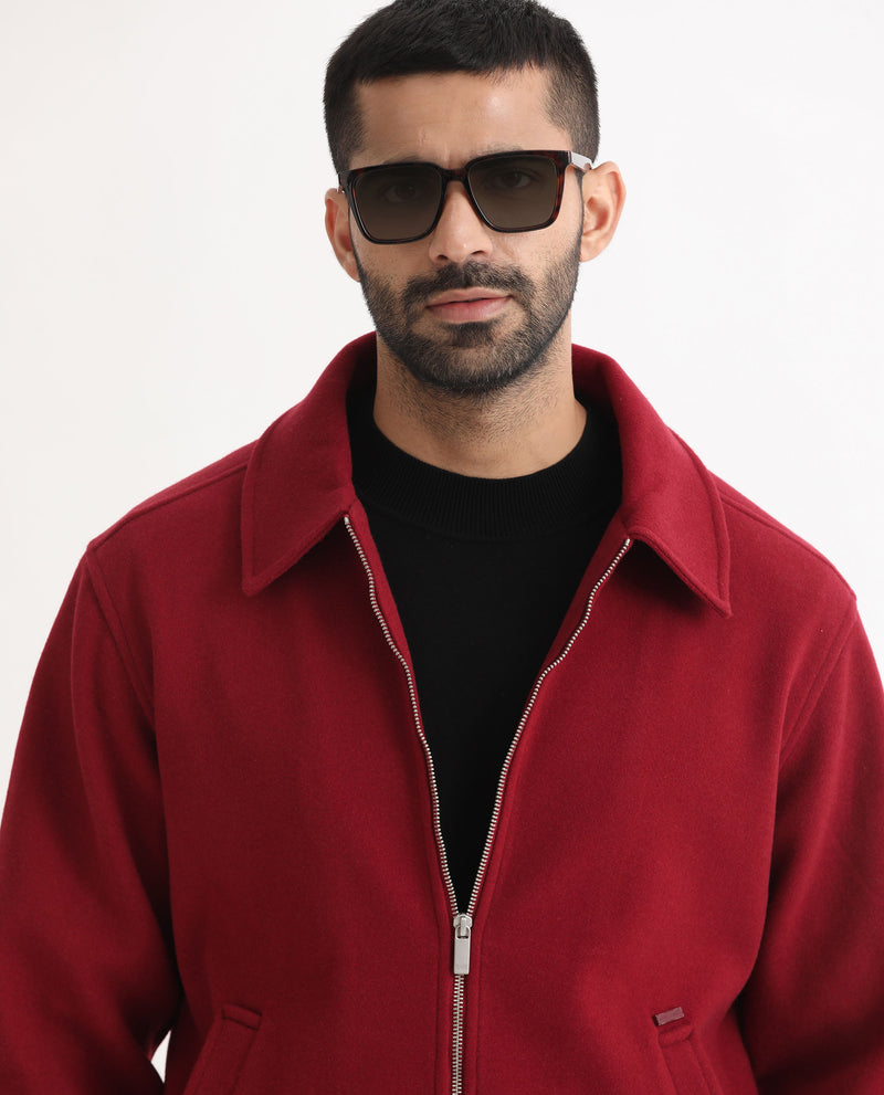RARE RABBIT MENS TWEEDER RED JACKET POLYESTER FABRIC COLLARED NECK WOVEN FULL SLEEVES BUTTON AND ZIP CLOSURE REGULAR FIT